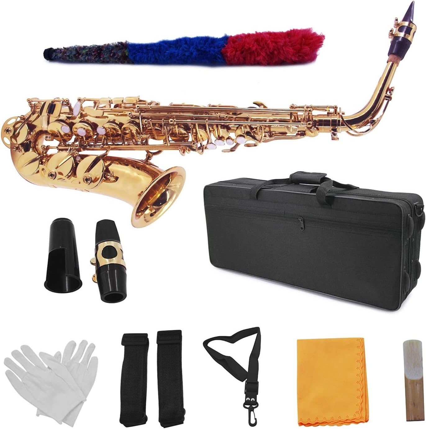 EB Alto Saxophone Sax Brass 802 Key Type Sax Set with Carrying Case Reed Cleaning Brush Cloth Gloves Straps Student Saxophone