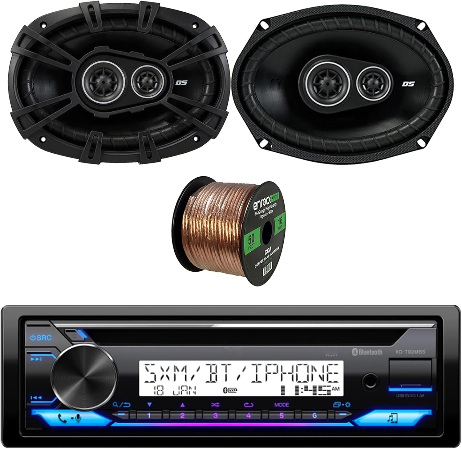 JVC KD-T92MBS Marine Boat Yacht Radio Stereo USB AUX CD Player Receiver Bundle Combo with 2X Kicker 6x9 Inch 360 Watt Car Coaxial 3-Way Audio Speakers + Enrock 50 Foot 16-Gauge Speaker Wire