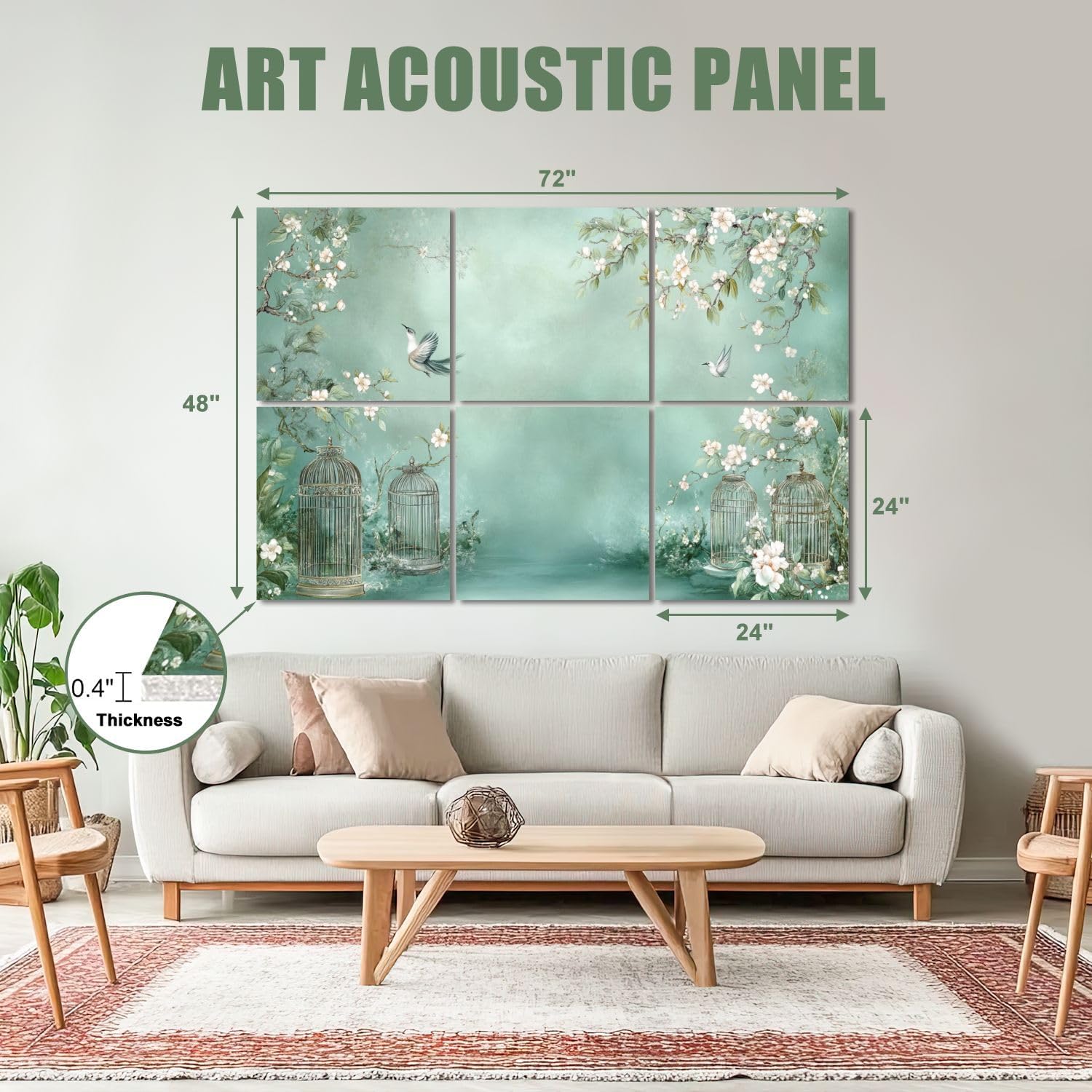 6 Pack Art Acoustic Panels Sound Absorbing Chinoiserie Plum Blossom Bird Vintage Green Floral Flowering Branches Decorative Soundproof Wall Panels Self Adhesive for Recording Studios Office 72