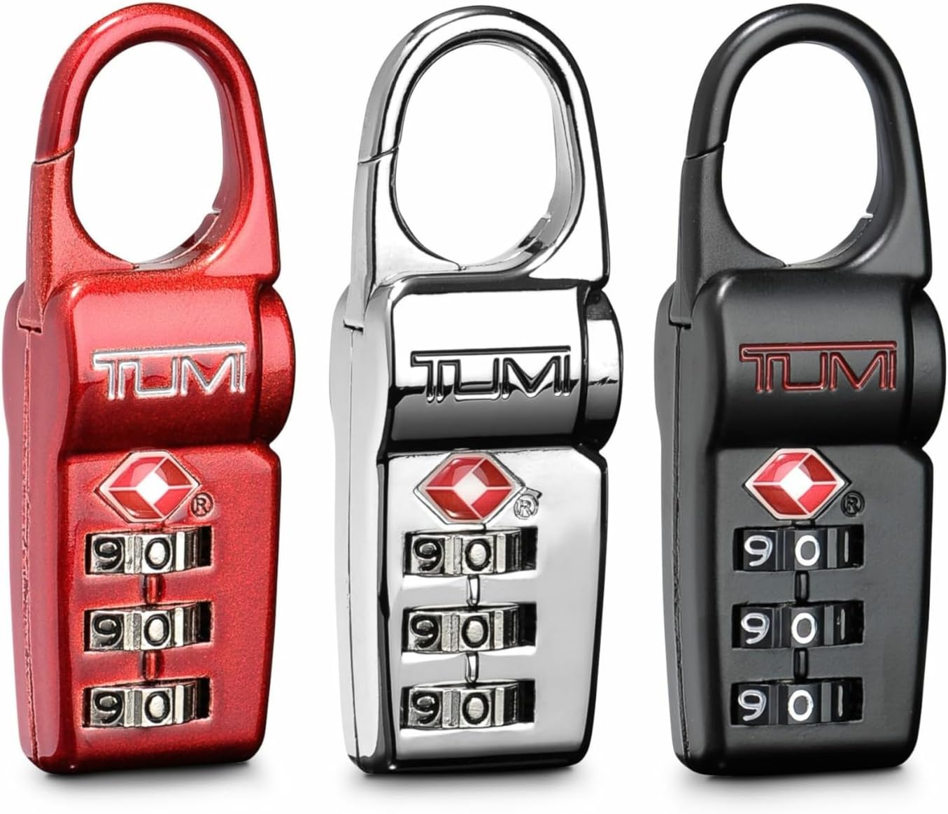 TUMI - TSA Lock Box - Combination Lock for Luggage & Backpack - TSA-Approved Locks - Travel Security Accessories - Set of 3 - Black/Silver/Red