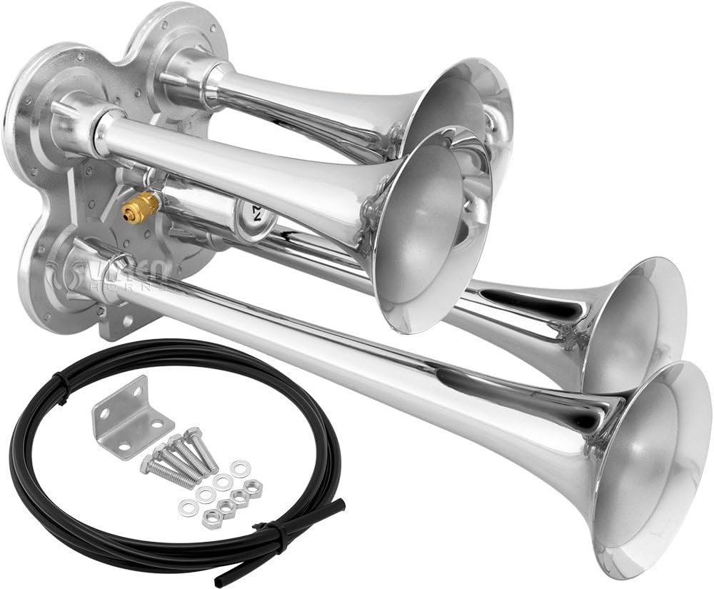 Vixen Horns Train Horn for Truck/Car. 4 Air Horn Chrome Plated Trumpets. Super Loud dB. Fits 12v Vehicles like Semi/Pickup/Jeep/RV/SUV VXH4114