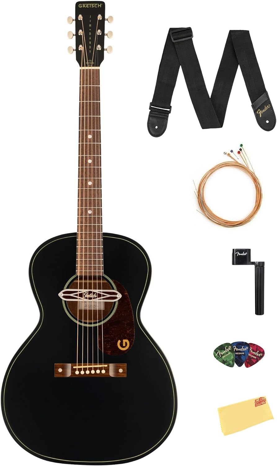 Gretsch Jim Dandy Deltoluxe Concert Acoustic-Electric Guitar - Black Top Bundle with Strings, Strap, Picks, String Winder, and Austin Bazaar Polishing Cloth