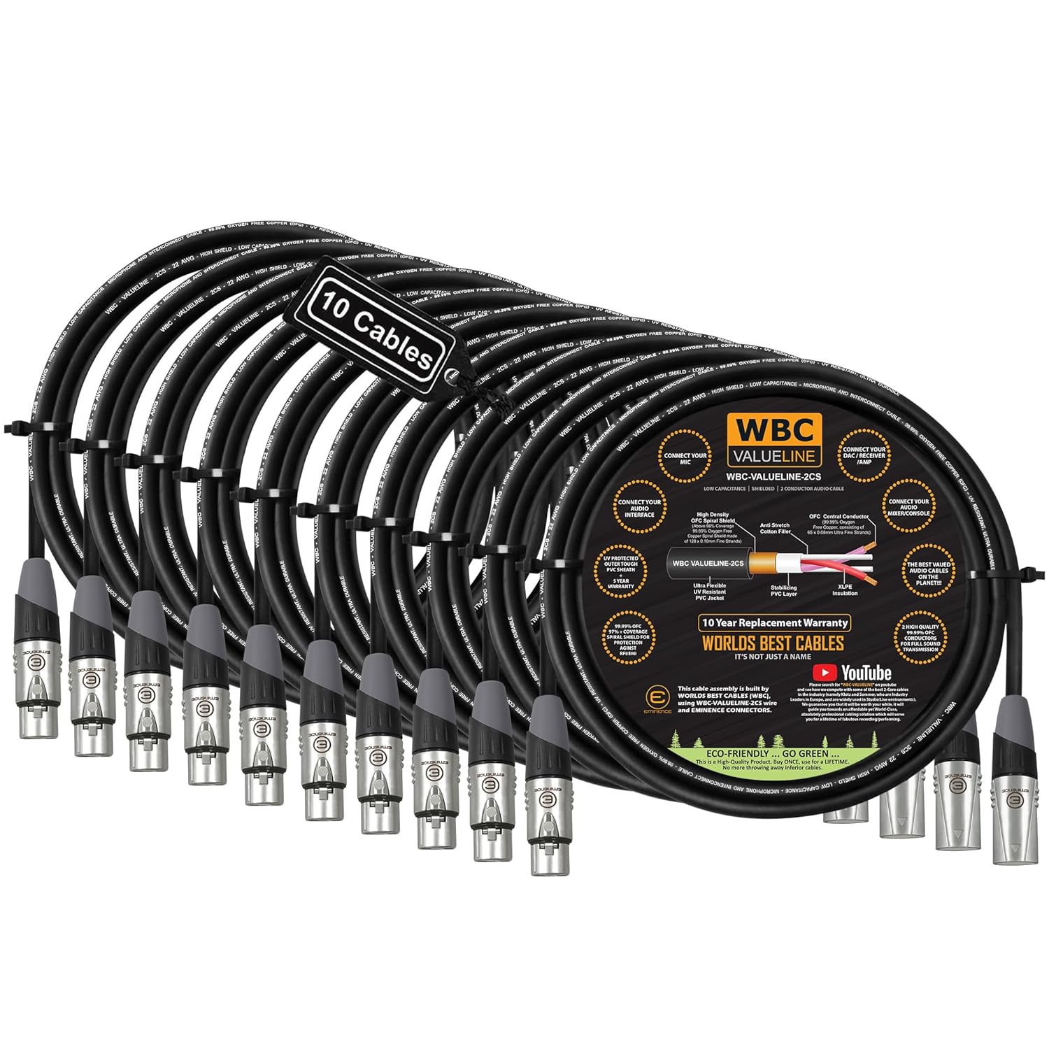 WBC-VALUELINE-2CS (22 AWG) - 10 Units - 6 Foot–Low-Capacitance Shielded Balanced Flexible Microphone, Active-Speaker & Interconnect Cables with Eminence Gold XLR Connectors