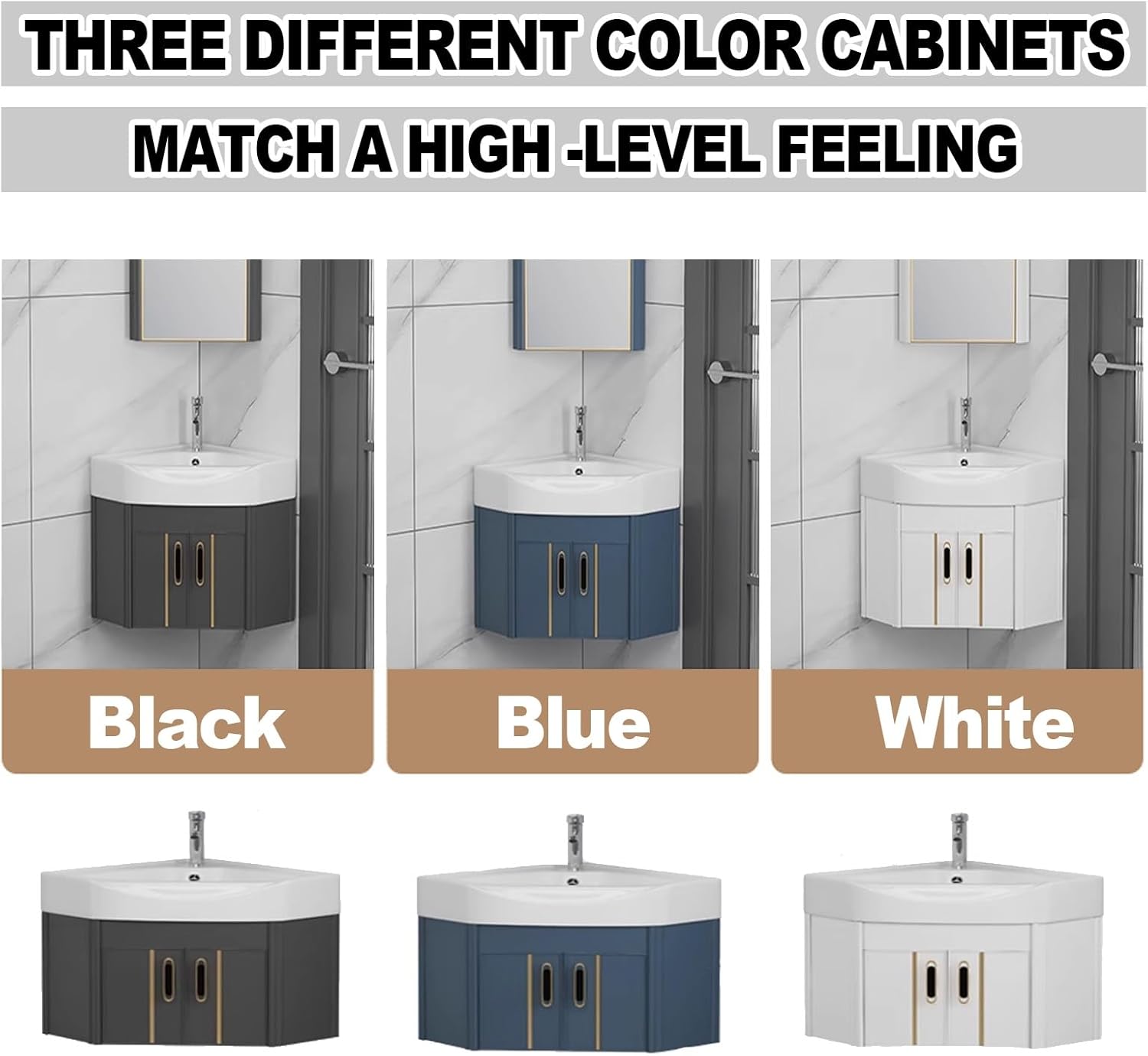 Ceramic Small Space Wall Mounted Cabinet Set,Corner Bathroom Vanity cabinets,Bathroom Cabinet with Faucet and Drain,for Home Kitchen Patio Laundry Room.(Color:Black,Size:56 * 56cm)