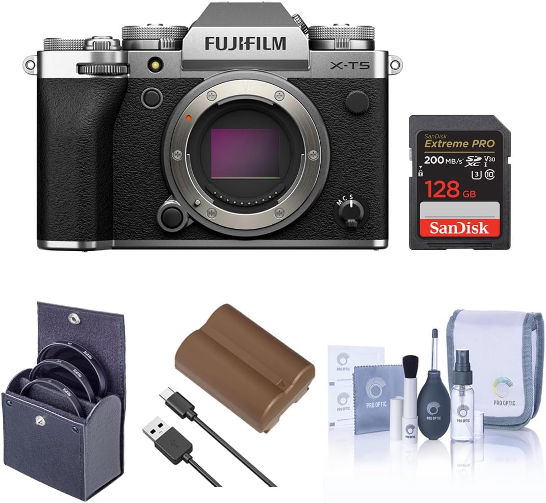 Fujifilm X-T5 Mirrorless Camera, Silver with XF 16-50mm f/2.8-4.8 R LM WR Lens, Bundle with 128GB Memory Card, NP-W235 Battery, Filter Kit, Cleaning Kit