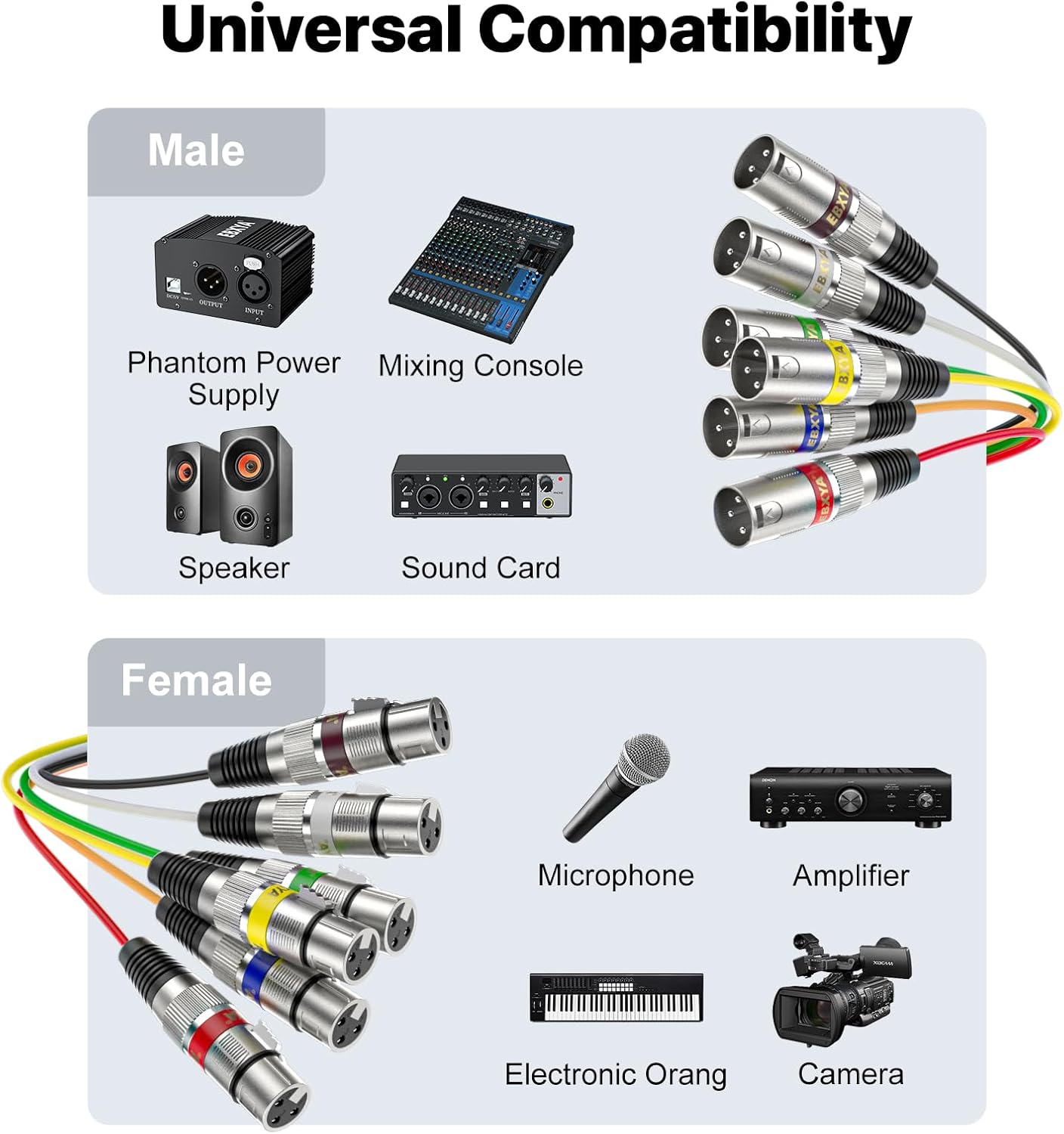 EBXYA 6 Ft XLR Snake Cables 6 Colored, 6-Channel Microphone Patch Cable XLR Male to Female, Recording Snake for Live, Recording, Studios 2 Pack