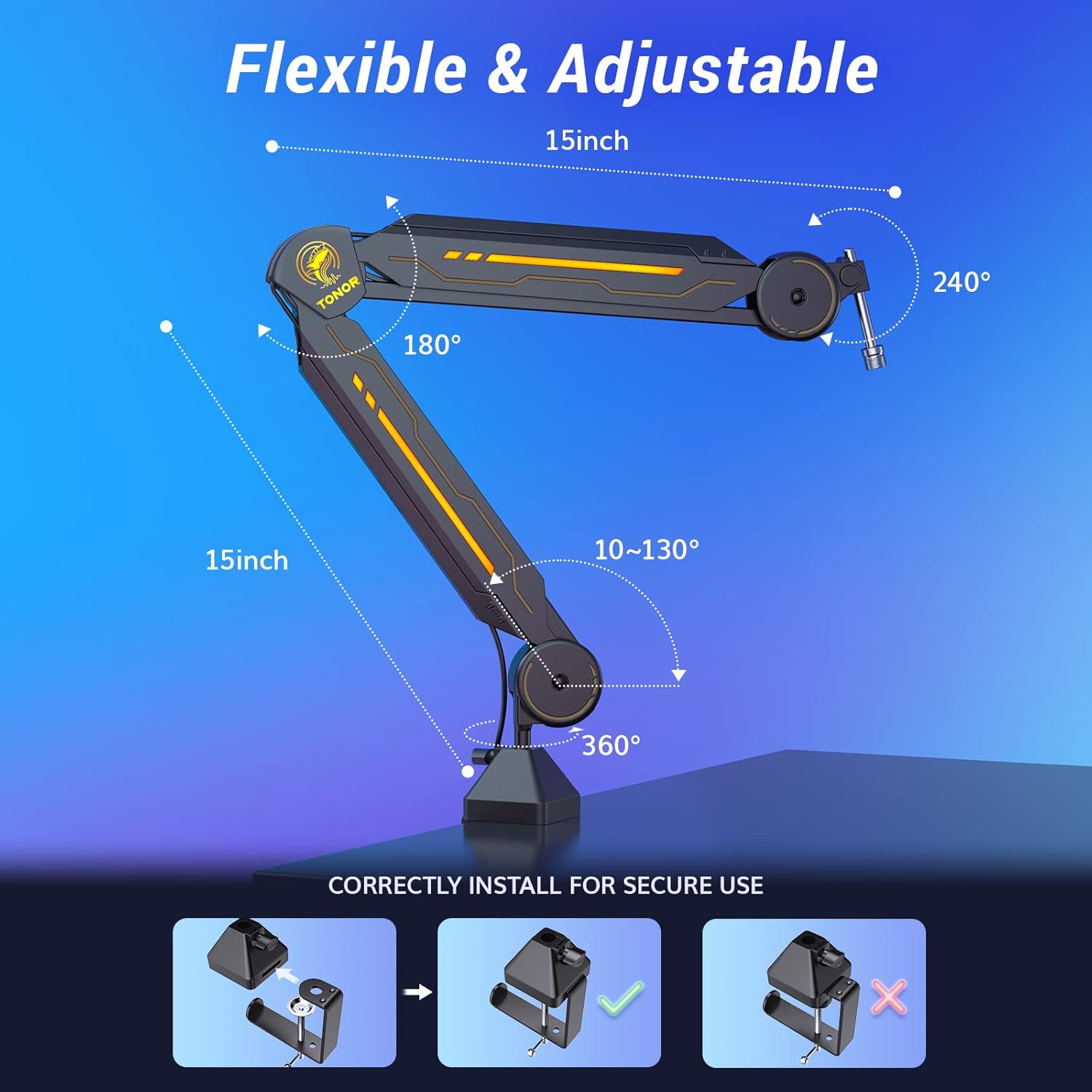 RGB Boom Arm, TONOR Adjustable Mic Stand with RGB Light, 5/8’’ Screwadapter, Excellent Compatibility, Rotatable Suspension Boom Scissor Stand for Gaming Streaming Podcasting YouTube Recording T90