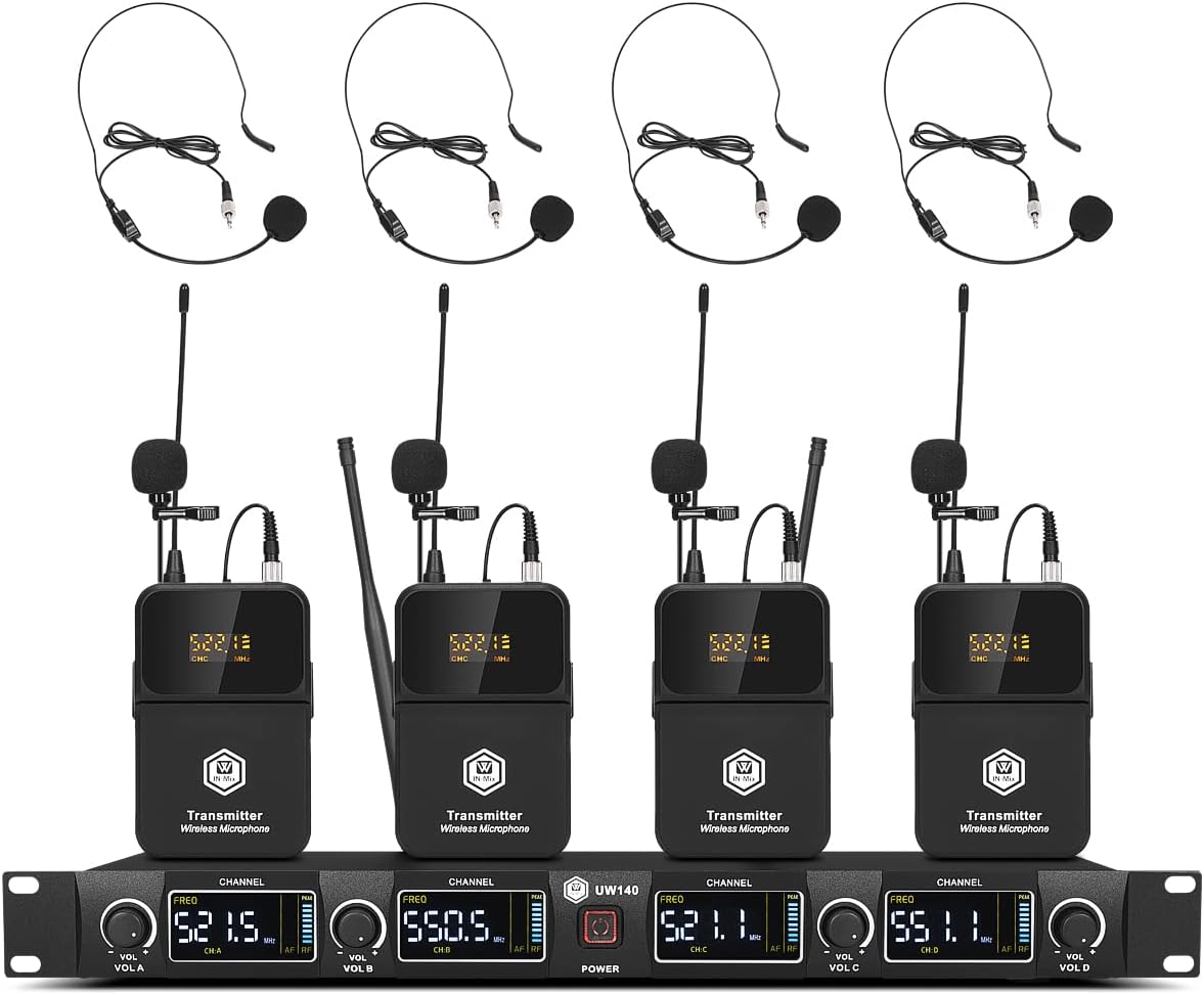 W IN-MIX UHF 4 Channel Wireless Microphone System with Cordless Handheld Lavalier Headset Mics, Adjustable Frequency, Long Range 260ft, Ideal for Church,Karaoke,Weddings, Events