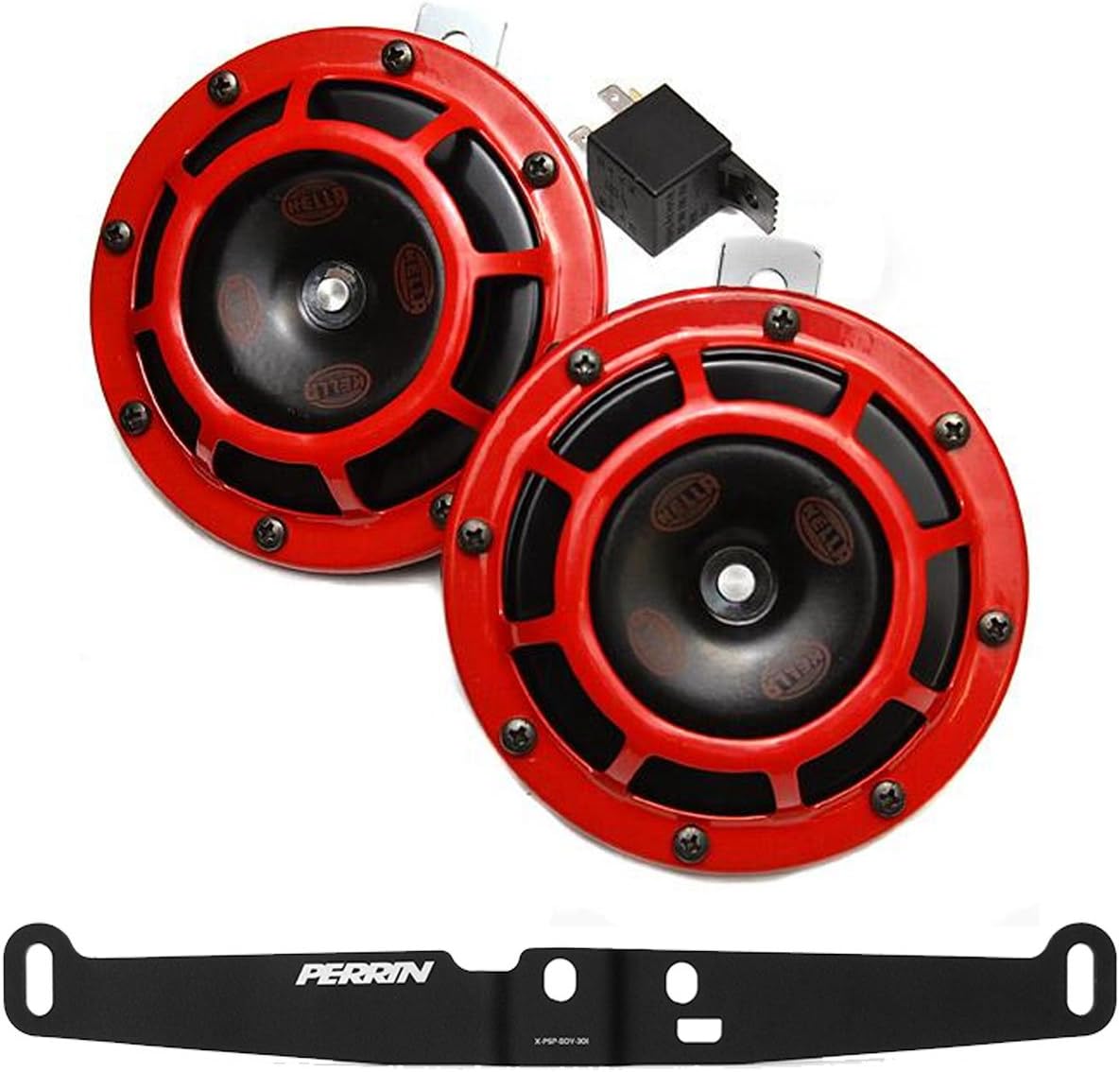 HELLA Supertone 12V High/Low Tone Twin Horn Kit with Perrin Bracket Compatible with 2008-14 Subaru WRX STI (Red)