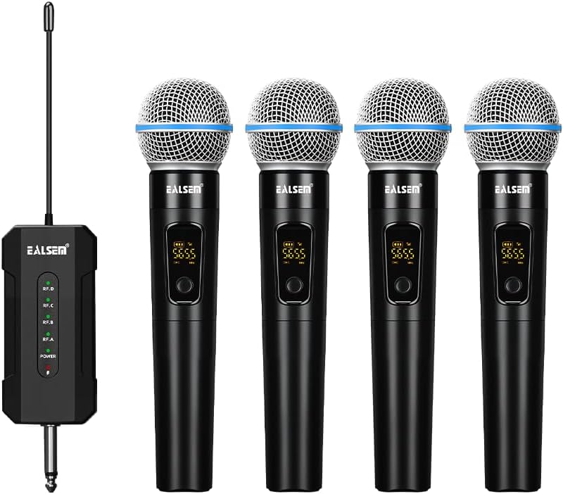 ES-384 4-CH UHF Wireless Handheld Microphone System - 164ft Range, Rechargeable Receiver, Plug-and-Play for Karaoke & Live Shows - 4 Handheld Mics Included