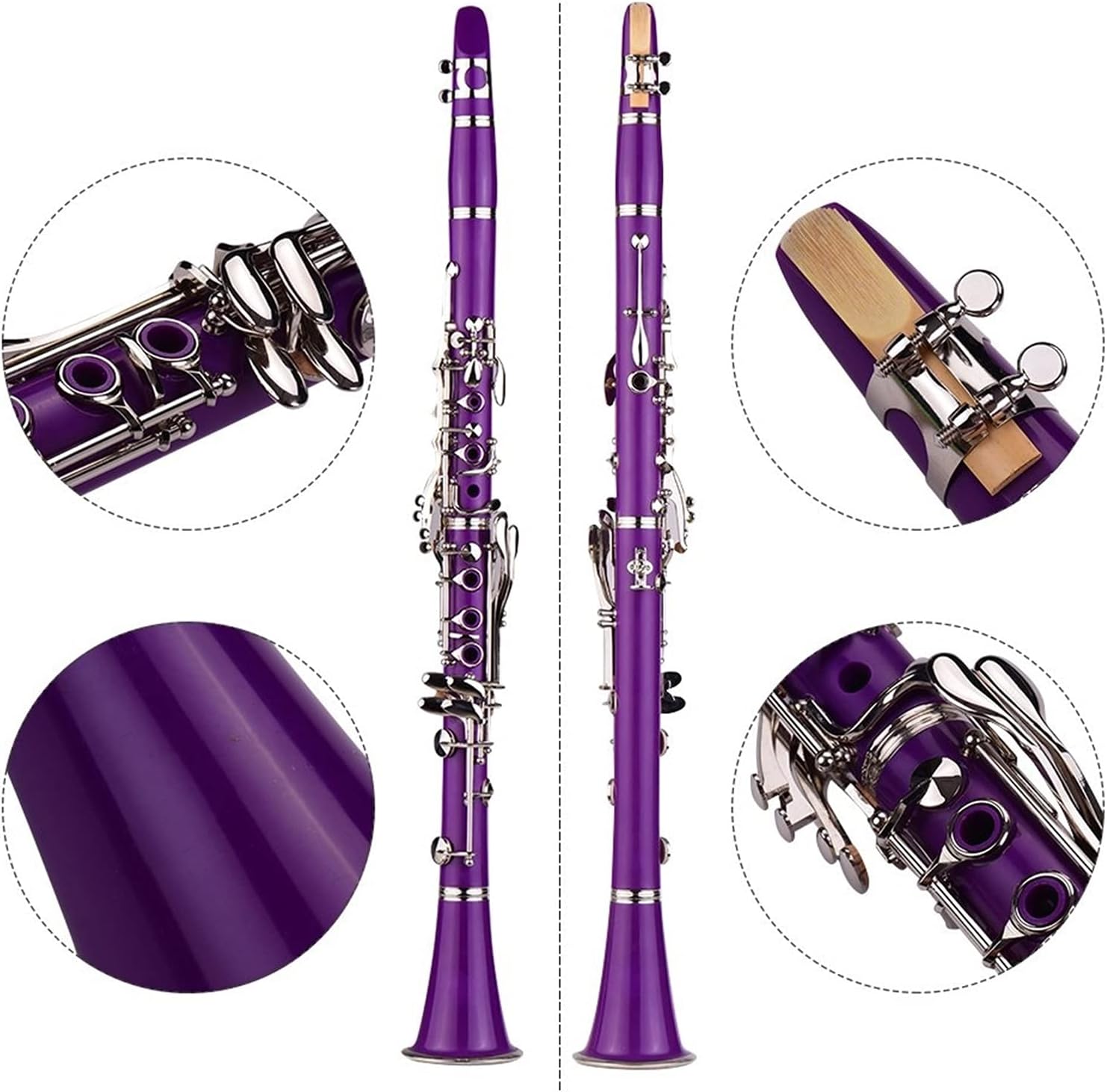 Standard Clarinet ABS 17-Key Clarinet Bb Flat Belt Suitcase Gloves Cleaning Cloth Reed Box 10 Pieces Reed Woodwind Instrument Beginner Clarinet (Color : Purple)