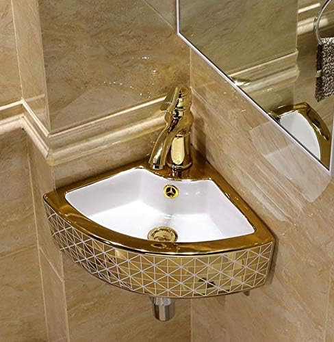 Ceramic Golden White Color Corner Wall Mount Bathroom Sink White Ceramic With Center Faucet Hole And Overflow 13 x 13 x 5.5 Inch