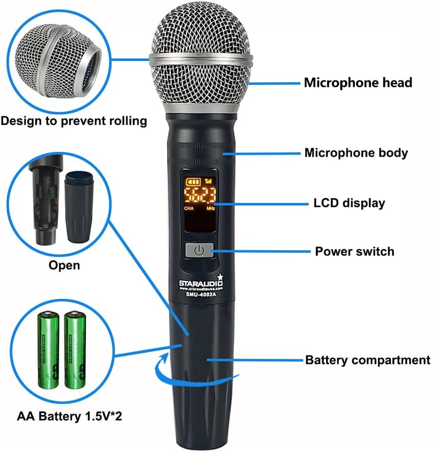 Church UHF Wireless Microphone Reciver System 4 Channel Handheld Karaoke Microphones Audio Studio Church Mic UHF Cordless Dynamic Mic SMU-4002A