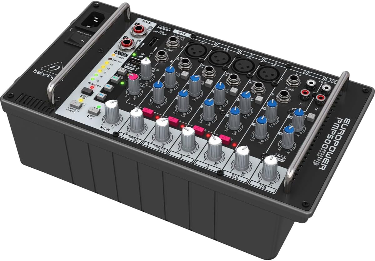 Behringer EUROPOWER PMP500MP3 Ultra-Compact 500 Watt 8 Channel Powered Mixer with MP3 Player, Reverb and Wireless Option