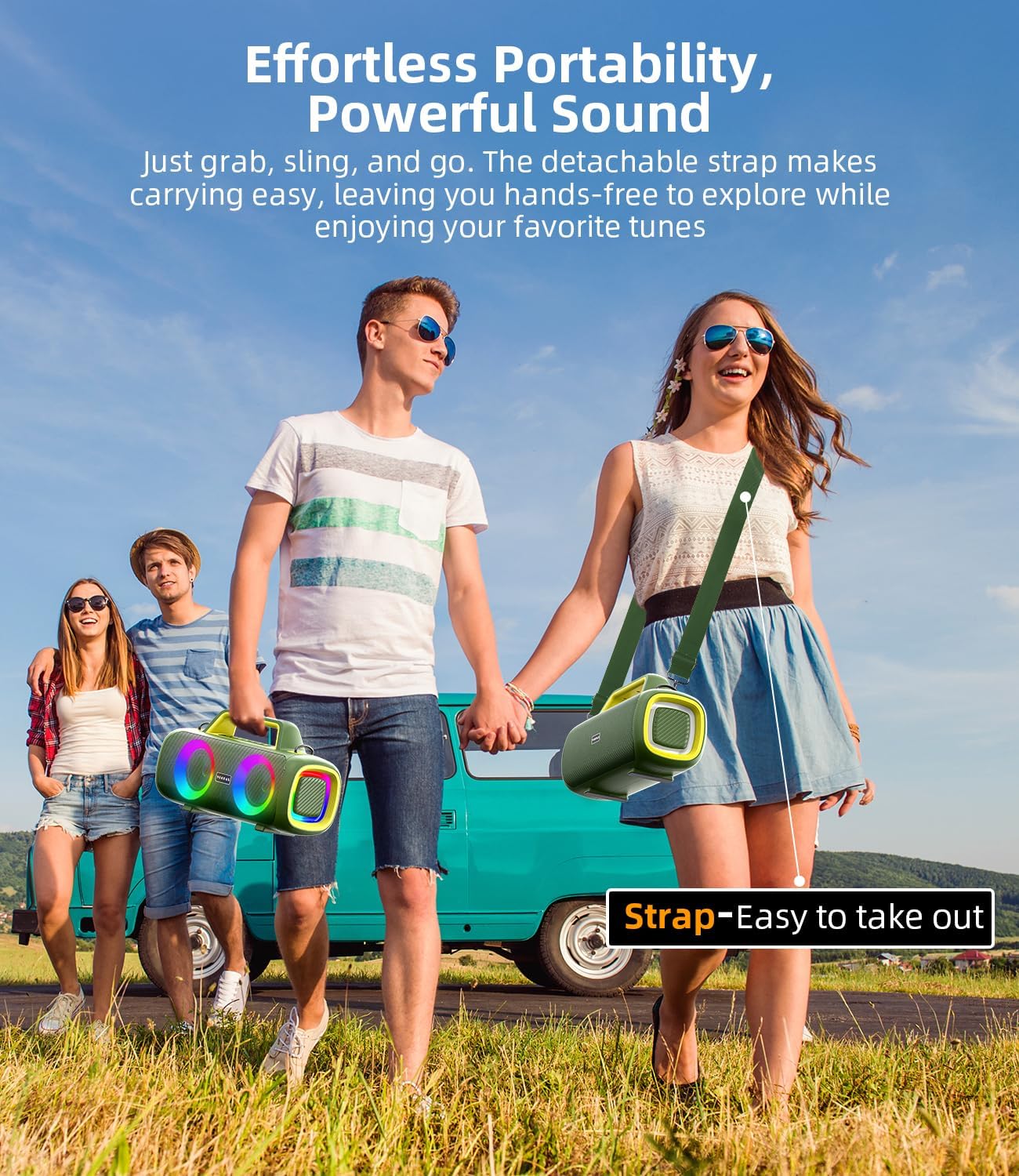 Portable Bluetooth Speaker Wireless,140W Peak Loud Sound with 2 Subwoofers and 2 Tweeters, Plus Bass Boost, IP65 Waterproof Outdoor Speaker, 24H Playtime, RGB Lights, TF/AUX/USB/Mic Input, Large Party