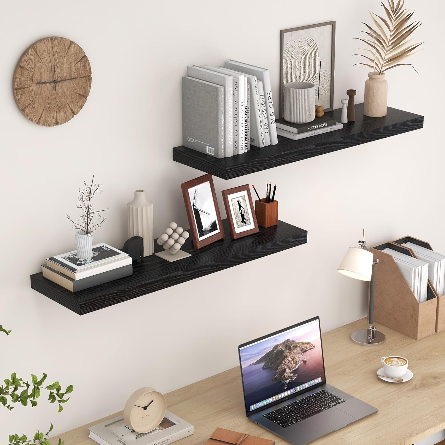 Fun Memories Floating Shelves for Wall, 36 x 9.3 Large Floating Shelf Wall Mounted Set of 2, Rustic Wood Shelves for Bathroom, Kitchen, Living, Heavy-Duty Storage Deep Shelf for Books, Decor, Black