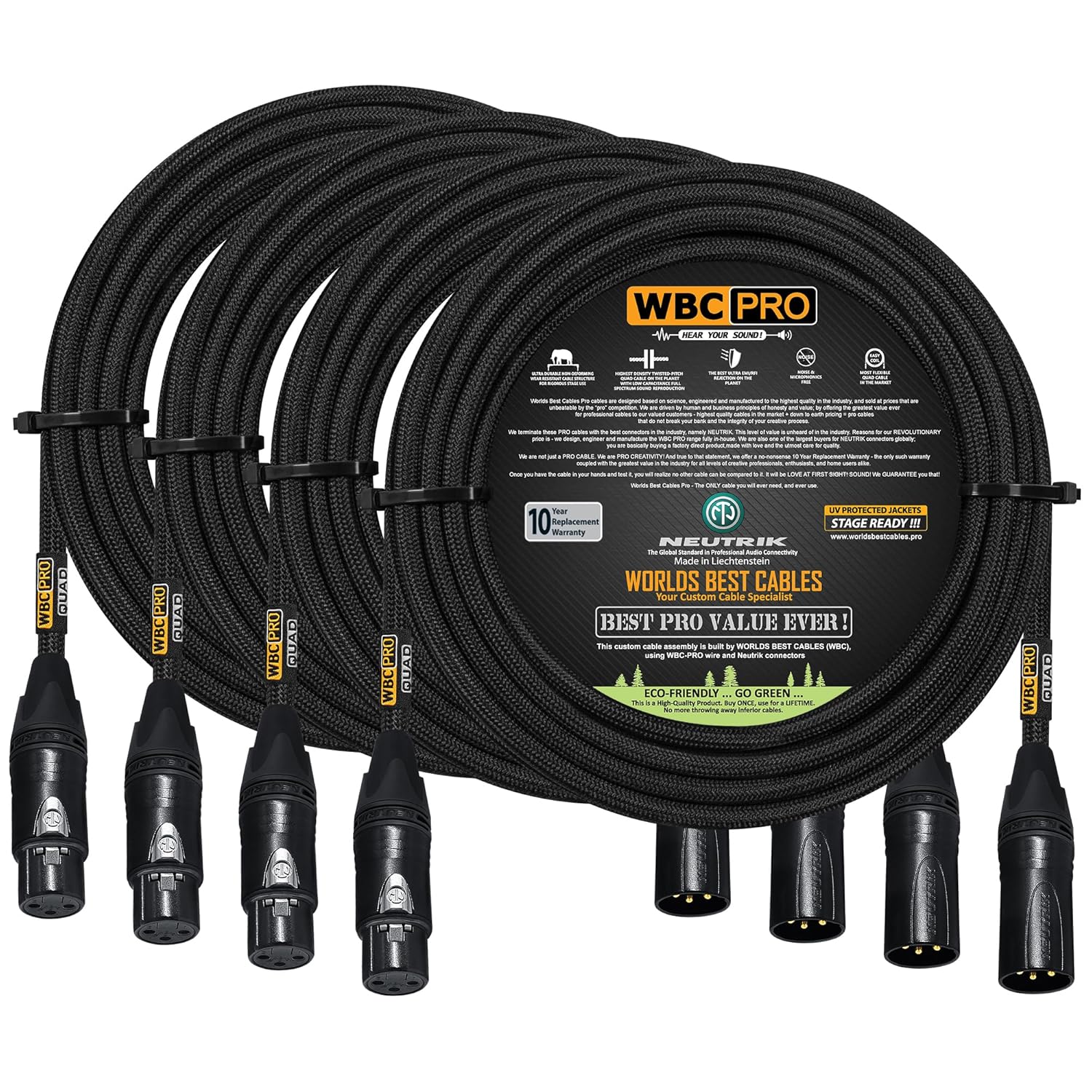 4 Units - 50 Foot - WBC-PRO-Quad Ultra-Silent Ultra-Flexible Balanced Star-Quad Cable with Neutrik Male & Female XLR Plugs & Black Tweed Jacket