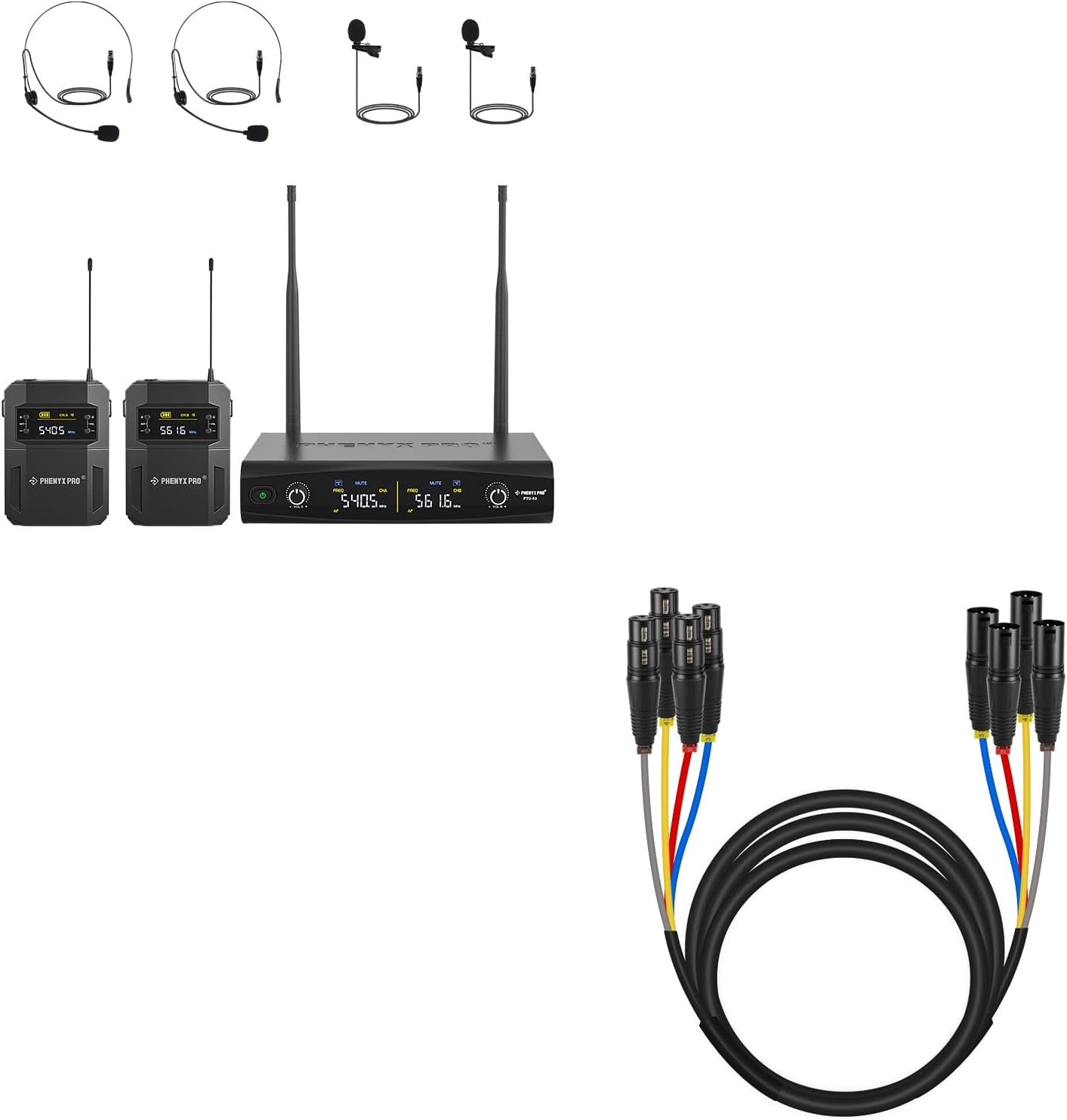 Phenyx Pro UHF Wireless Microphone System PTU-52-2B Bundle with 4 Channel XLR Cable PCBL-4IN1-10