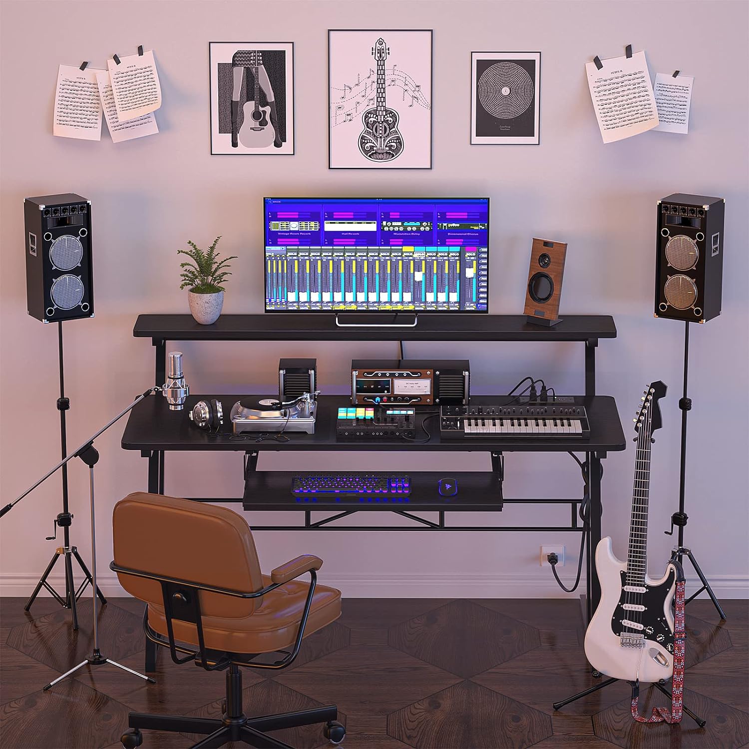 Armocity Music Studio Desk Production Workstation - Recording Studio Desk for Producer with Power Outlet, Studio Workstation for Music Recording, Home Studio Table Desk, Black