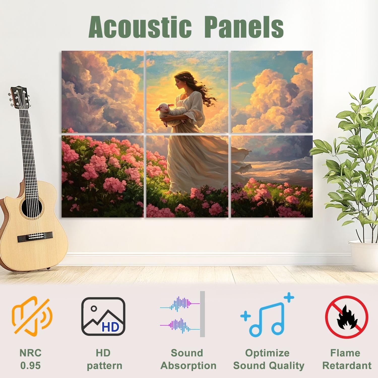 6 Pack Art Acoustic Panels Sound Absorbing Lamb Pink Flower Field Modern Theme Christian Christ Spiritual Flowers Decorative Soundproof Wall Panels Self Adhesive for Recording Studios Office 72