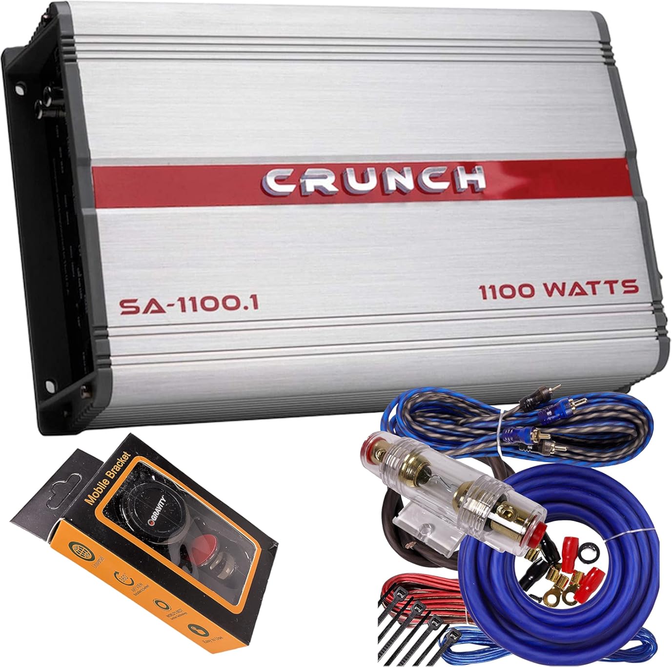Crunch SA-1100.1 Smash Series 1,100-Watt Monoblock Class AB Amp Car Audio Sound System Subwoofer Speaker Amp Amplifier with Gravity Magnet Phone Holder and 4 Gauge Kit Blue Bundle