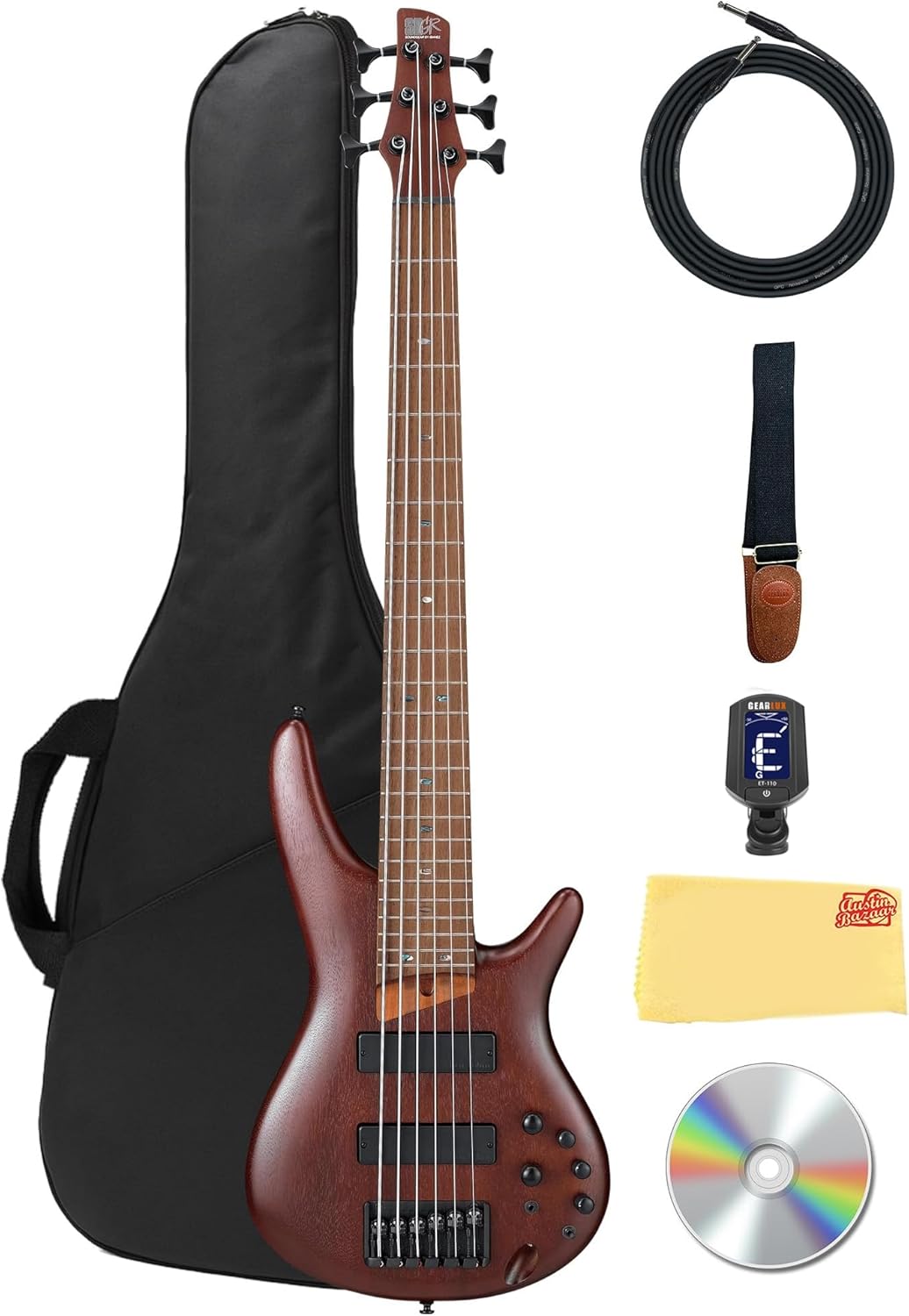 Ibanez SR506E SR Standard 6-String Bass Guitar - Brown Mahogany Bundle with Gig Bag, Tuner, Cable, Strap, Austin Bazaar Instructional DVD, and Polishing Cloth