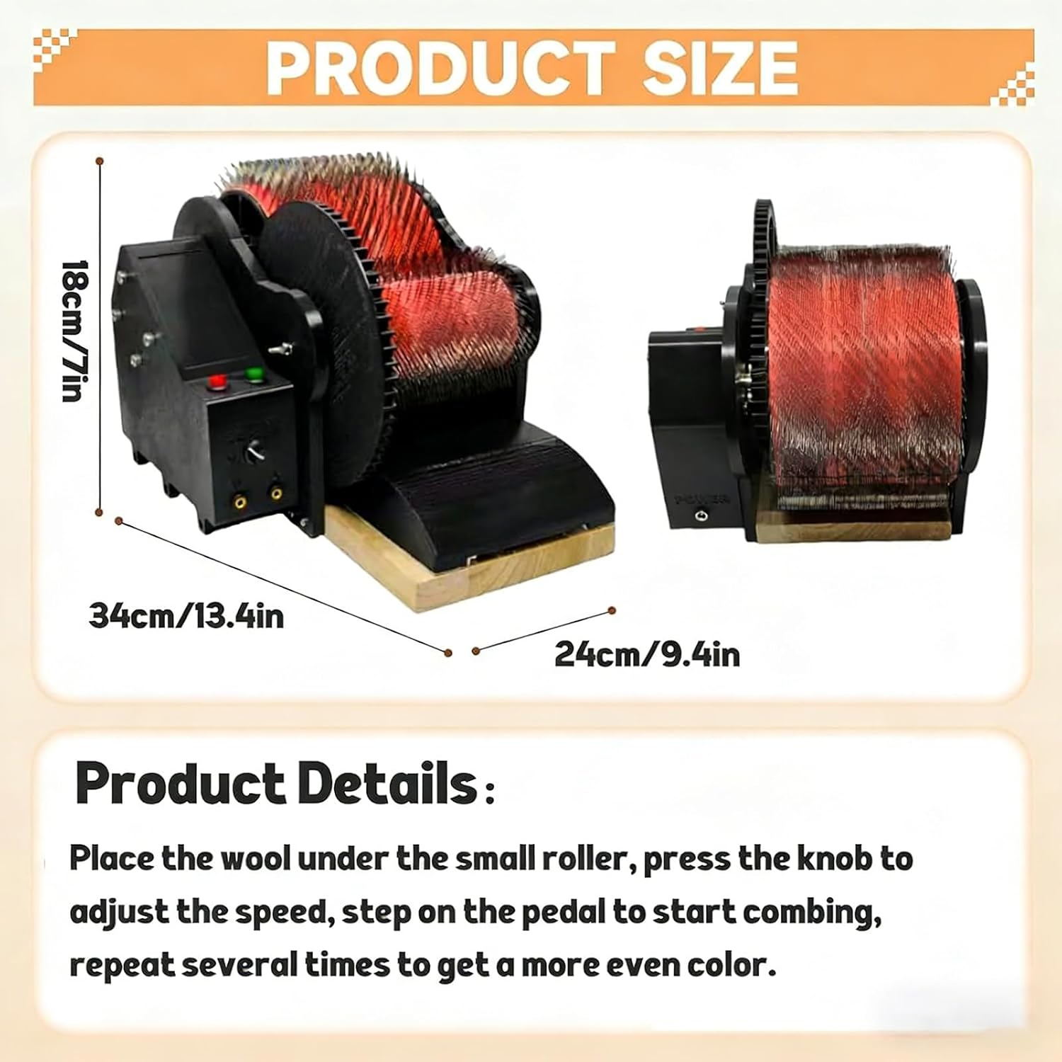 Electric Wool Combing Machine, Wool Fiber Drum Carding Machine, W/2 Foot Pedal Forward & Reverse, Fast Color Mixing, Combing, Spinning, for DIY Craft Make Felt Animals