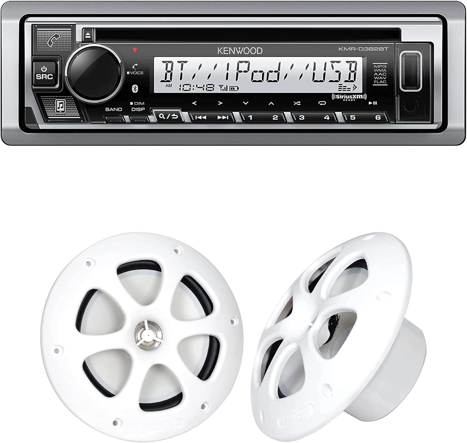 Kenwood KMR-D382BT Car & Marine Stereo | Plus 1x KFC-1613MRW/W 6.5 Inch 2 Way Coaxial Waterproof Marine Motorsports Boat Speakers, Pair, 4 Ohm, 100 Peak Watts (White)