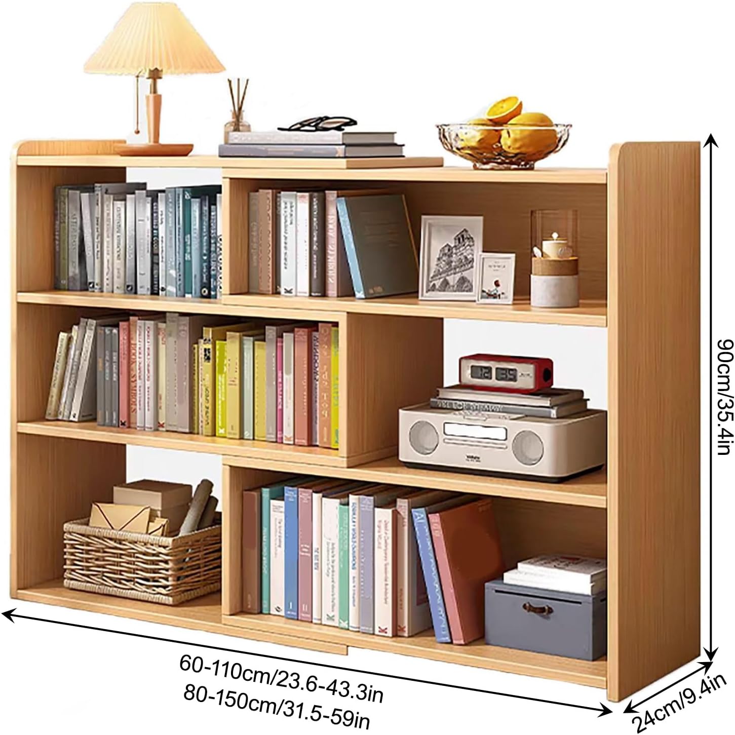 3 Tier Wooden Corner Bookshelf Expandable Convertible Bookcase with Adjustable Width, Freestanding Display Rack Shelving Unit for Home Decor Office(60cm/23.6in)