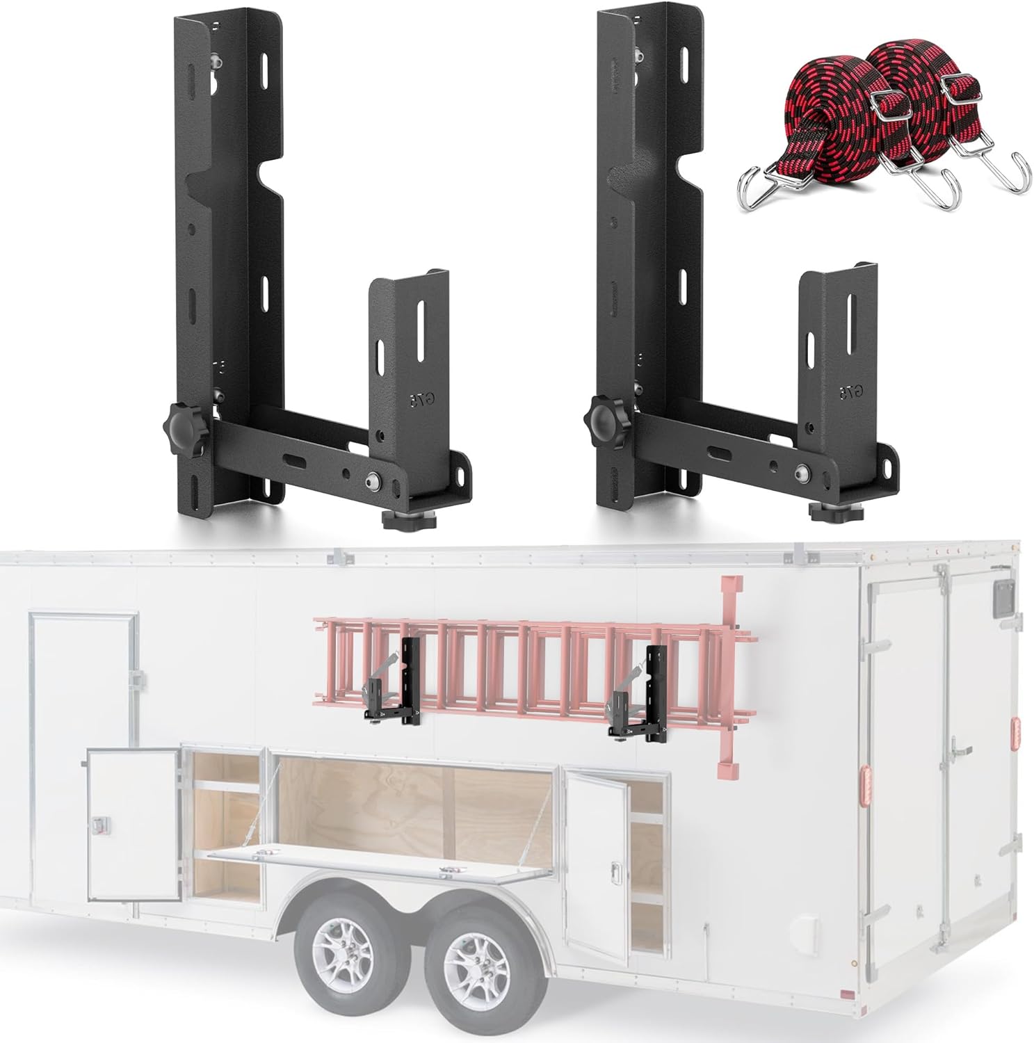 Side Mount Trailer Ladder Rack, 2PCS Foldable Heavy Duty Steel Racks with 2 Straps, Exterior Wall Ladder Storage Holder for Enclosed Trailers, 350 LBS Capacity, Drilling Required