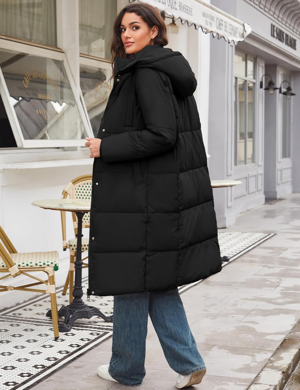 Flygo Long Winter Coats for Women Hooded Puffer Coat Jackets Thickened Midi Long Sleeve Zip Down Parka Outerwear