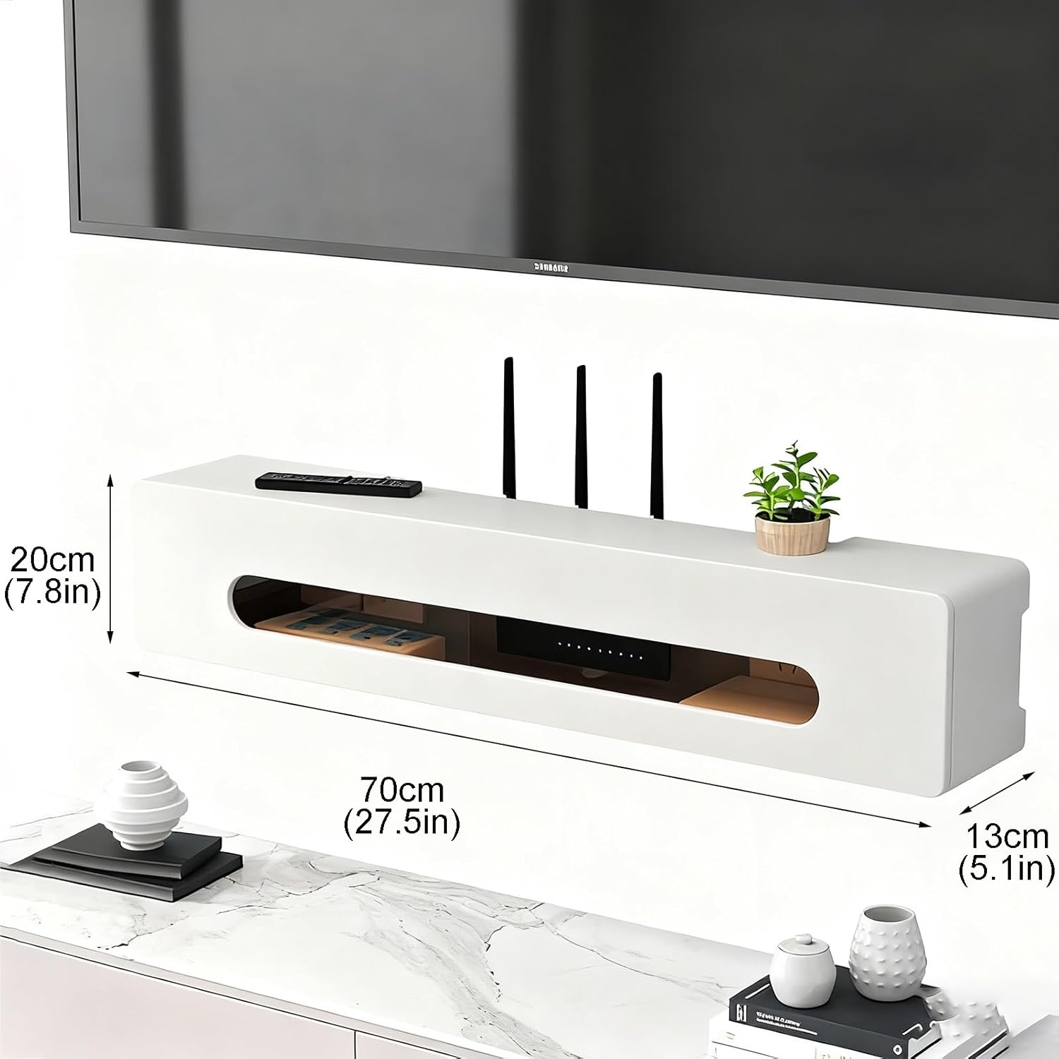 Desktop Storage Cabinet, Network TV Set Top Box Rack, Wall Mount WiFi Router Box to Hide Router and Modem, for Living Room Office(White)