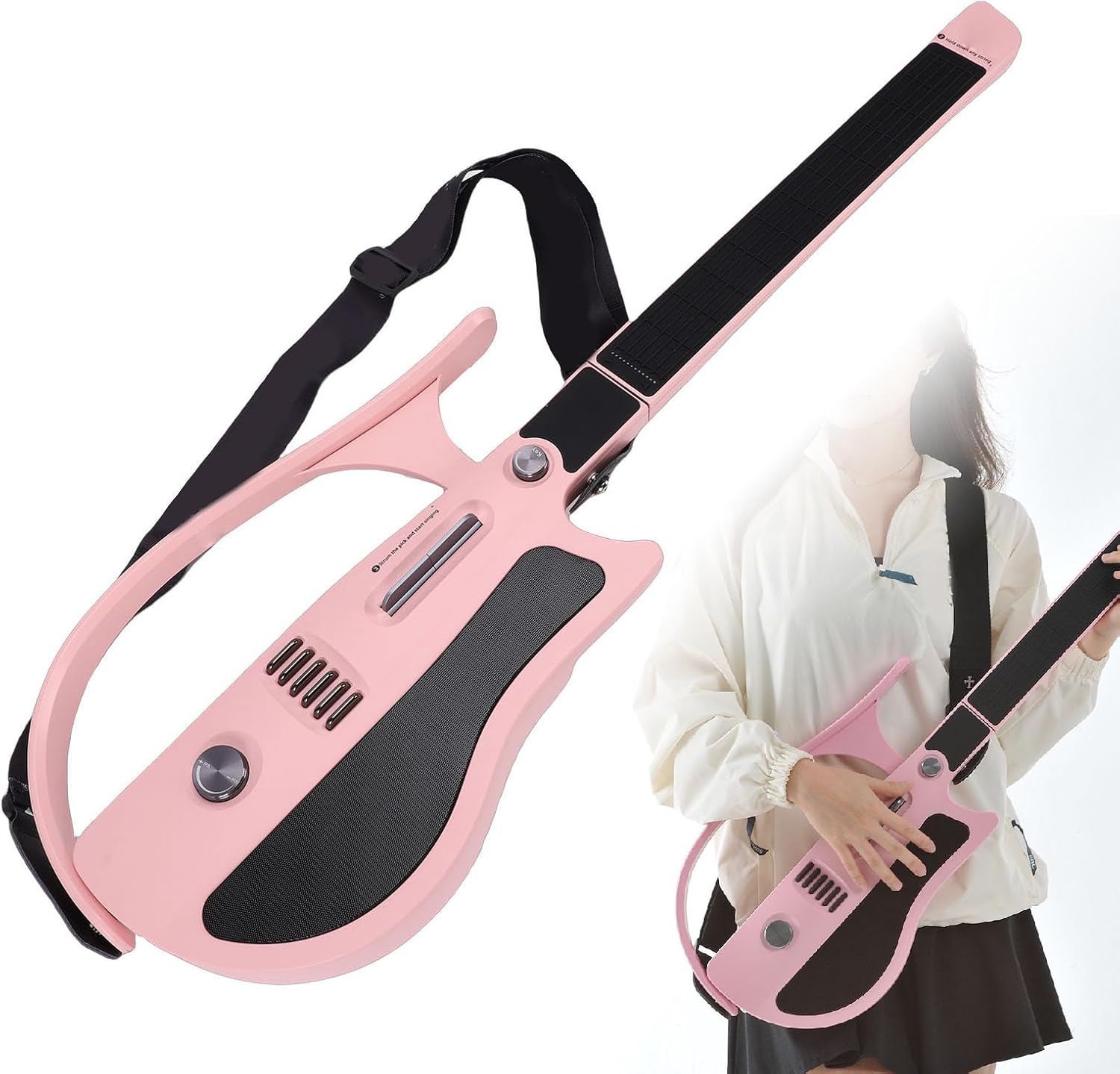 Drfeify Stringless Smart Guitar, Portable Foldable Travel Backing Electric Guitar, Precise Tuning for Beginner Pink