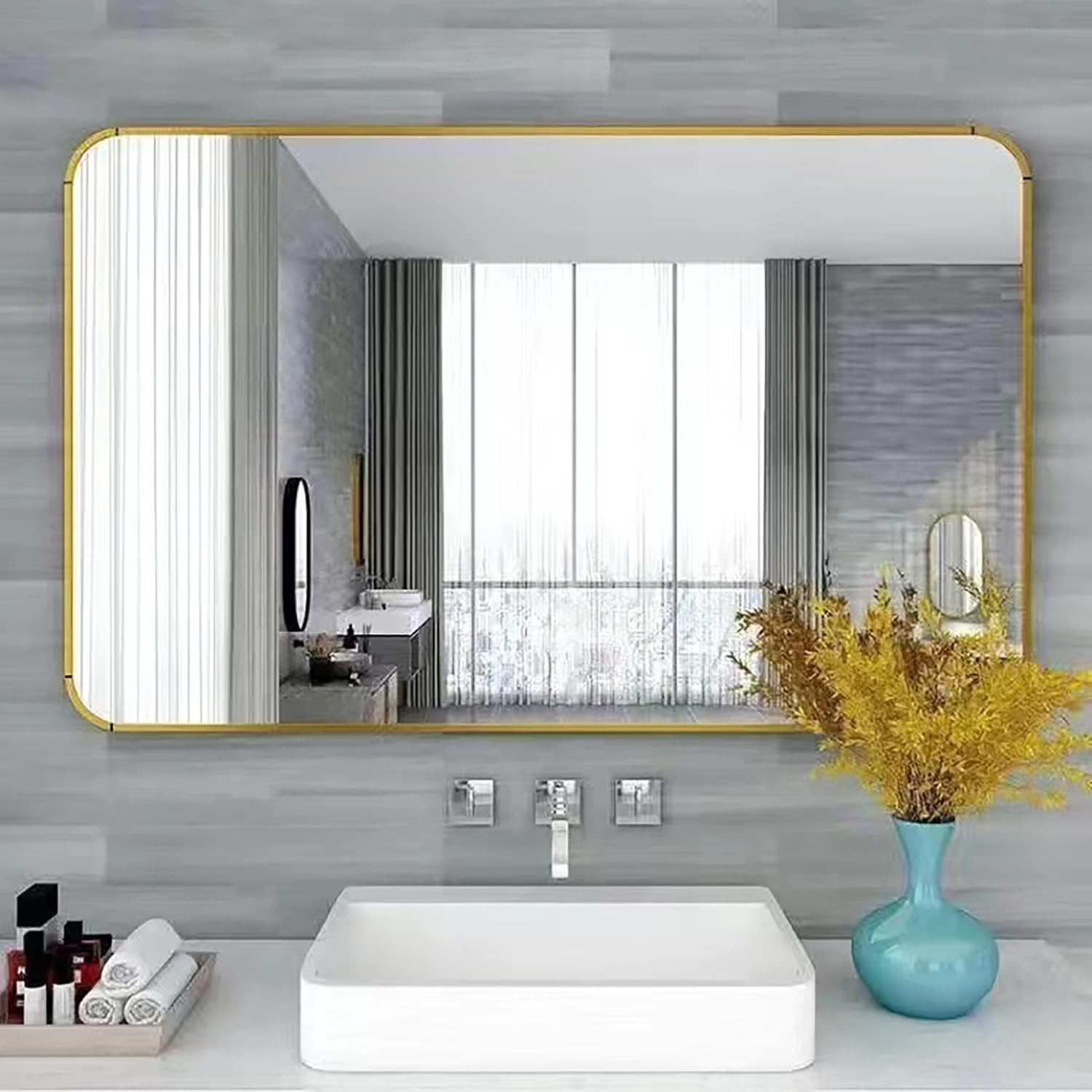 Punch Free Modern Bathroom Mirror, Three Color Frame Square Corner Rectangular Bathroom Wall Mount Vanity Mirror for Bedroom Living Room, Horizontal Or Vertical Hang(Size:60*100cm/23*39in,Color:Gold)