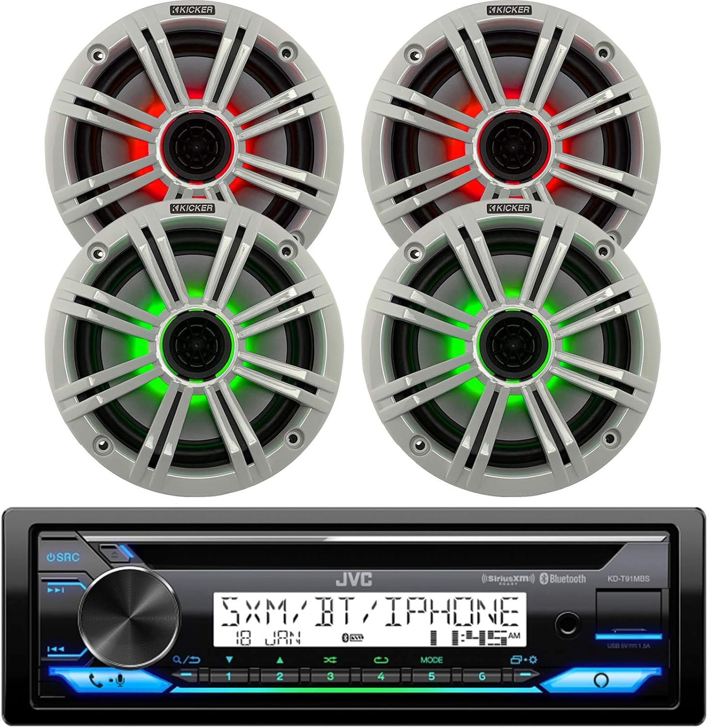 Single DIN Marine AM/FM Bluetooth USB AUX Stereo CD Player Receiver Bundle Combo with 4 x Kicker 6.5