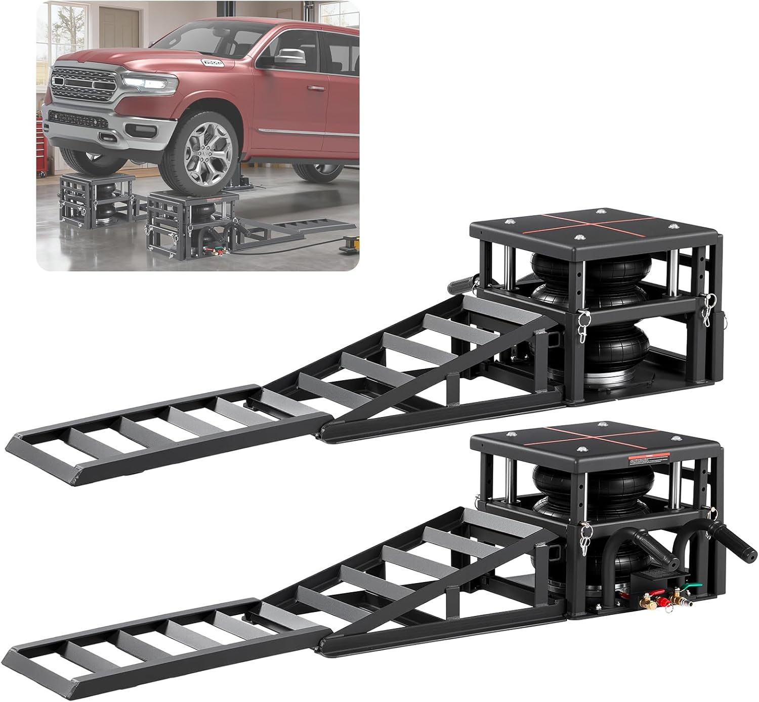 VEVOR Air Hydraulic Jack Car Ramps 2PCS, 11023 lbs/5 Ton Capacity, 12.6 inch Max Height, Pneumatic Ramp Jacks with Airbags, Wheel Chocks, Extension Ramps, Heightened Columns, Heavy-Duty