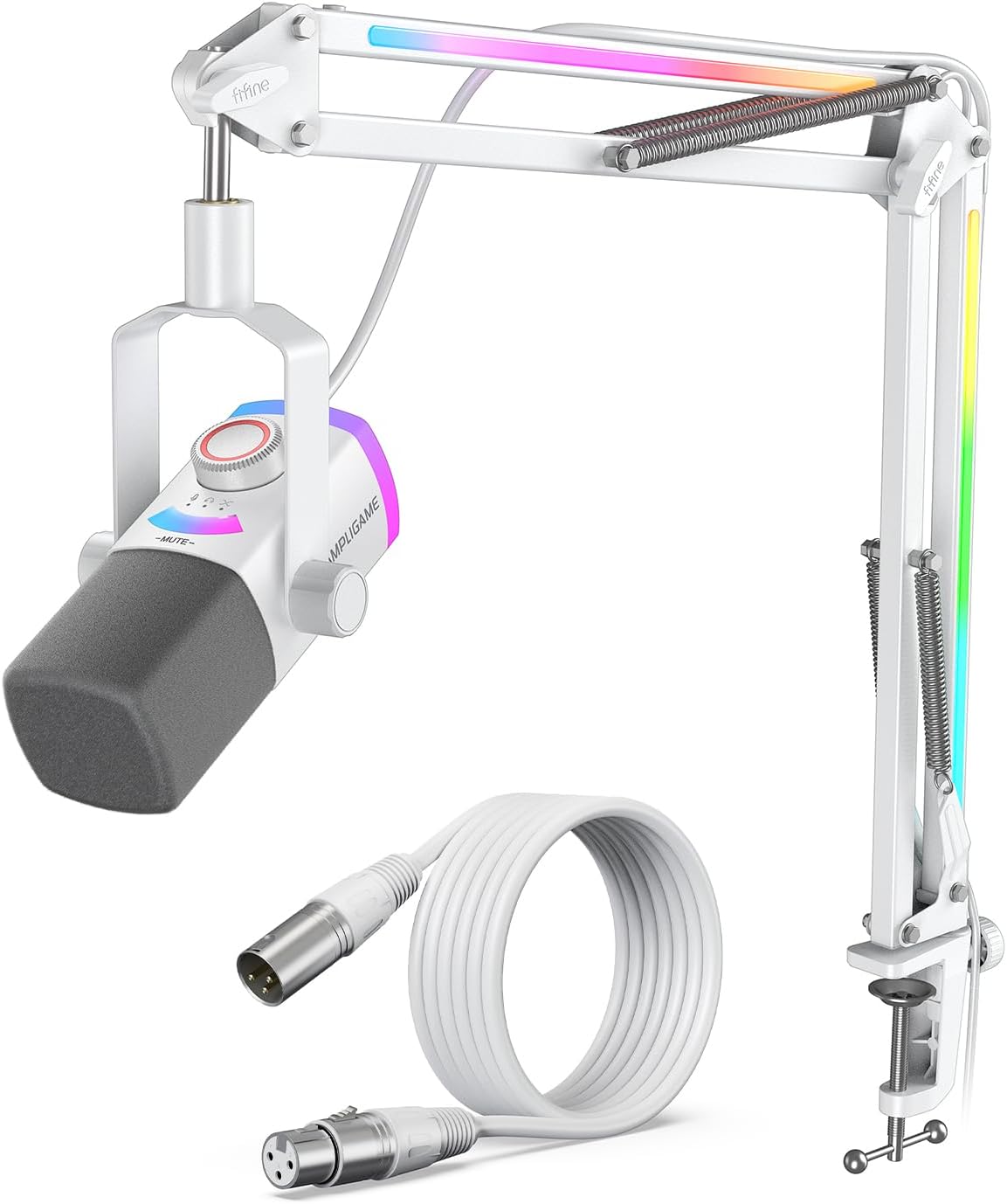 FIFINE Streaming Microphone Bundle, XLR/USB Dynamic Mic with RGB Boom Arm, Mute Tap, 3-in-1 Volume Knob & Studio Quality 10ft XLR Cable for Gaming, Podcast,Recording, Home Studio Vocal-AM8PROTW+L9W