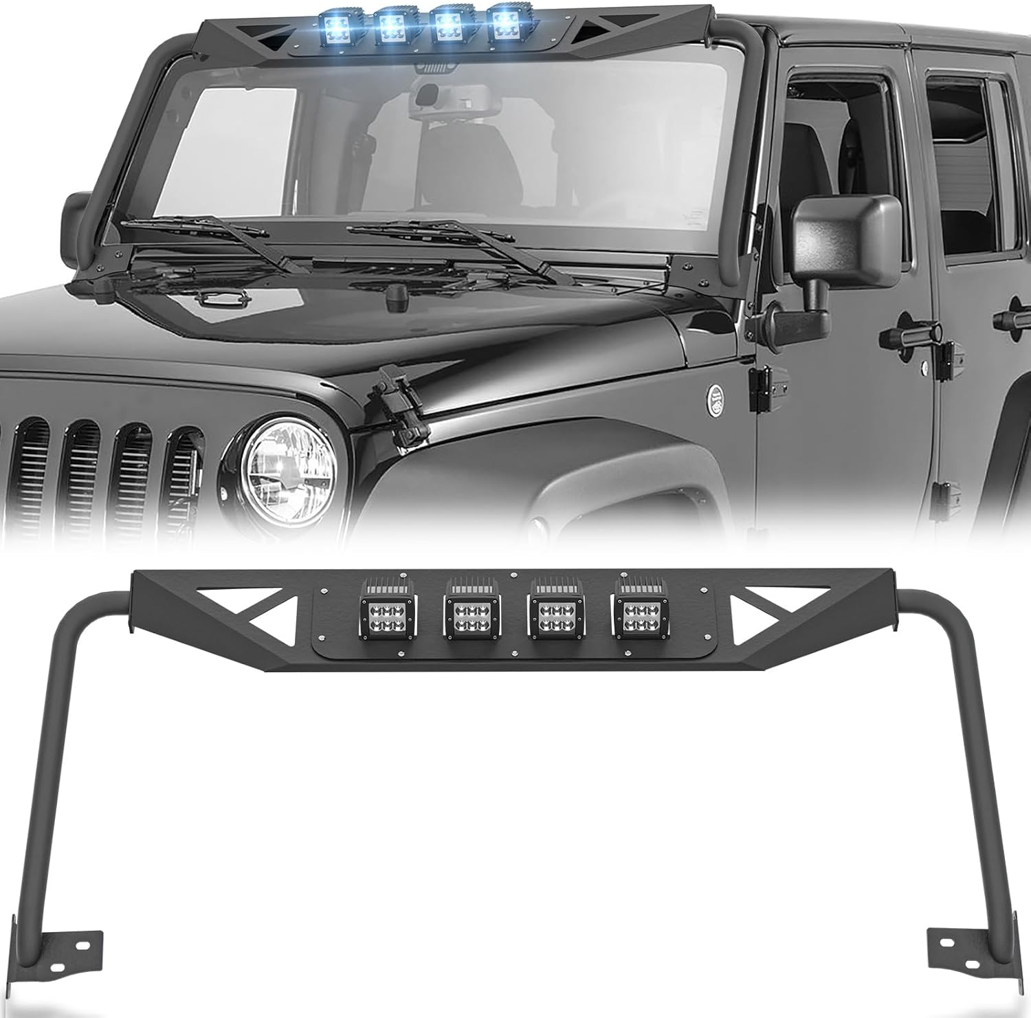 for Wrangler JK Front Windshield Frame Cover Madmax Roof Sun Visor Cowl Body Armor with 4 x LED Lights Compatible with 2007-2018 Jeep Wrangler JK JKU Unlimited, Windscreen Rack Protector Stand