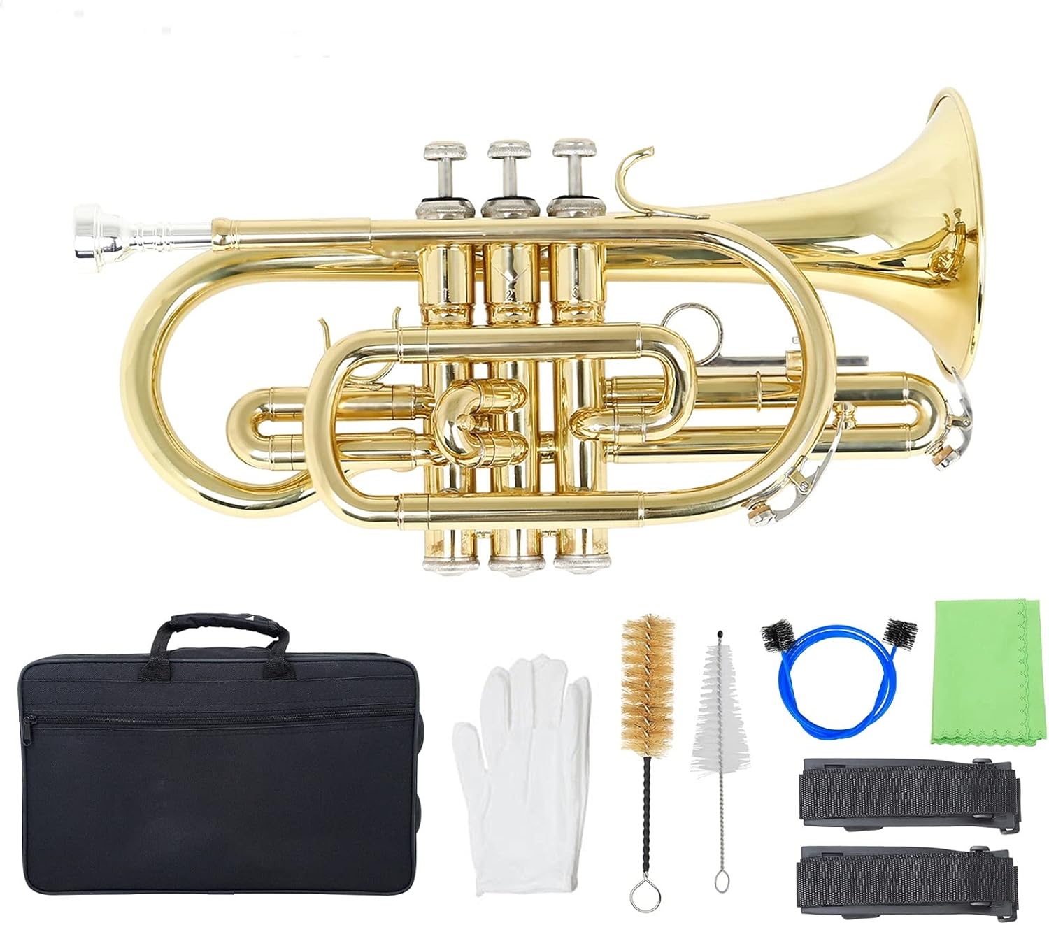 Trumpets Beginner Professional Bb Flat Cornet Brass Wind Instrument with Carrying Case Gloves Cleaning Cloth Brushes Trumpet Set