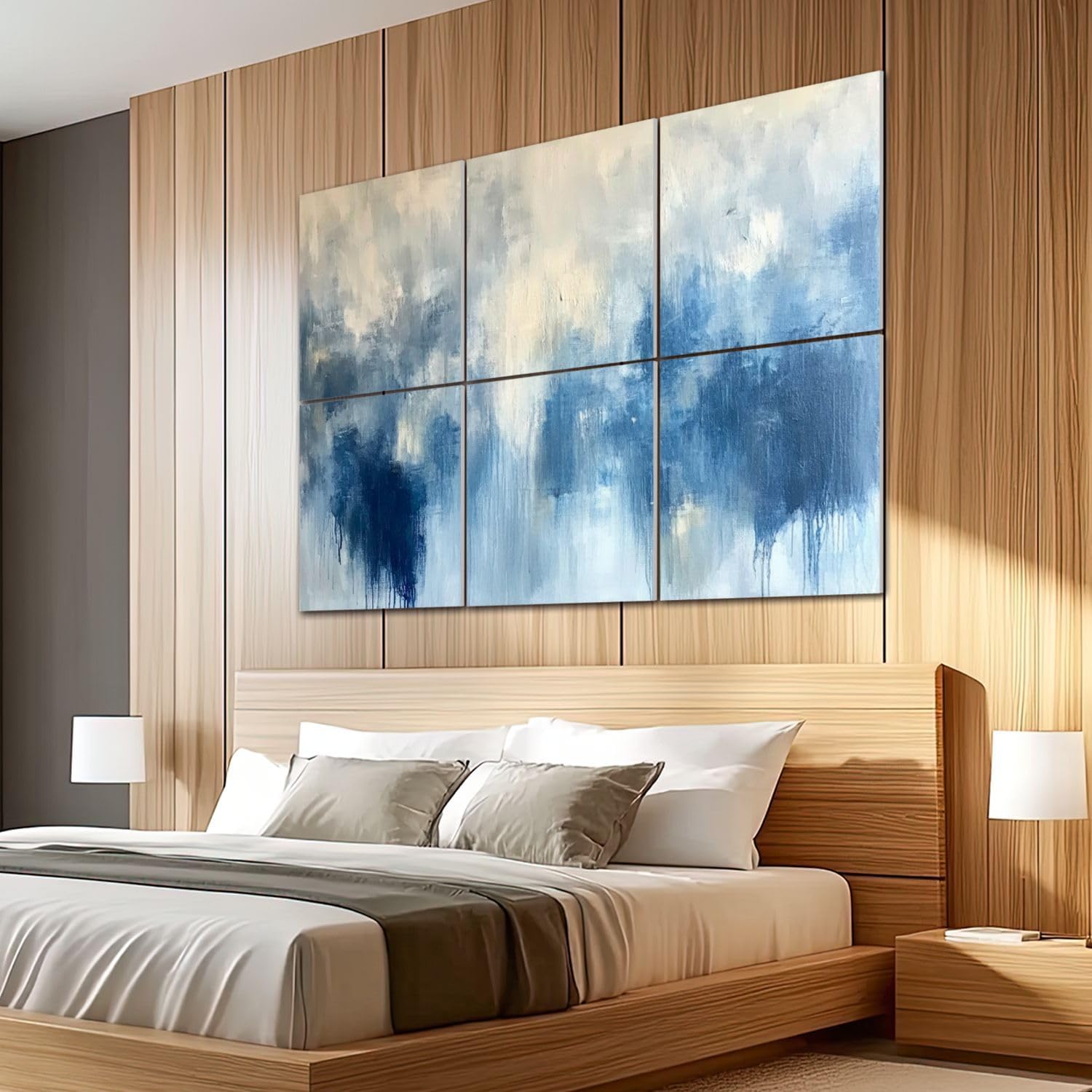 6 Pack Art Acoustic Panels Sound Absorbing Blue Cream Abstract Modern Blurred Shapes Dripping Tones Cloud like Decorative Soundproof Wall Panels Self Adhesive for Recording Studios Office 72