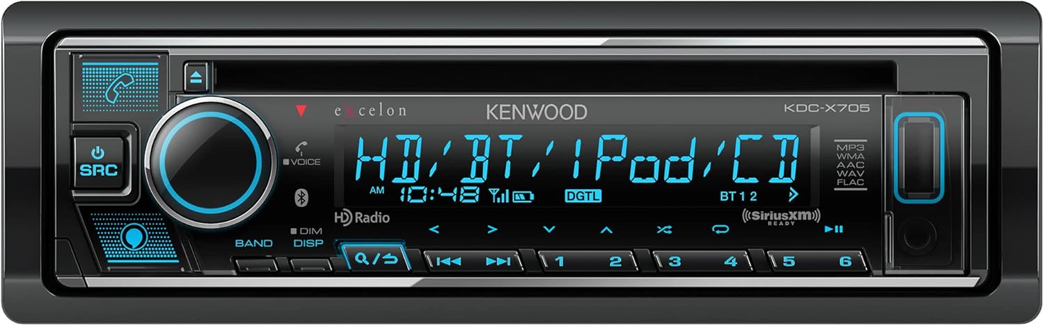 KENWOOD KDC-X705 Single DIN CD Receiver with Bluetooth, HD Radio, Alexa Built-in Spotify and Pandora Link for iPhone or Android Phones, SiriusXM Read, (3) 5Volt Pre-Outs
