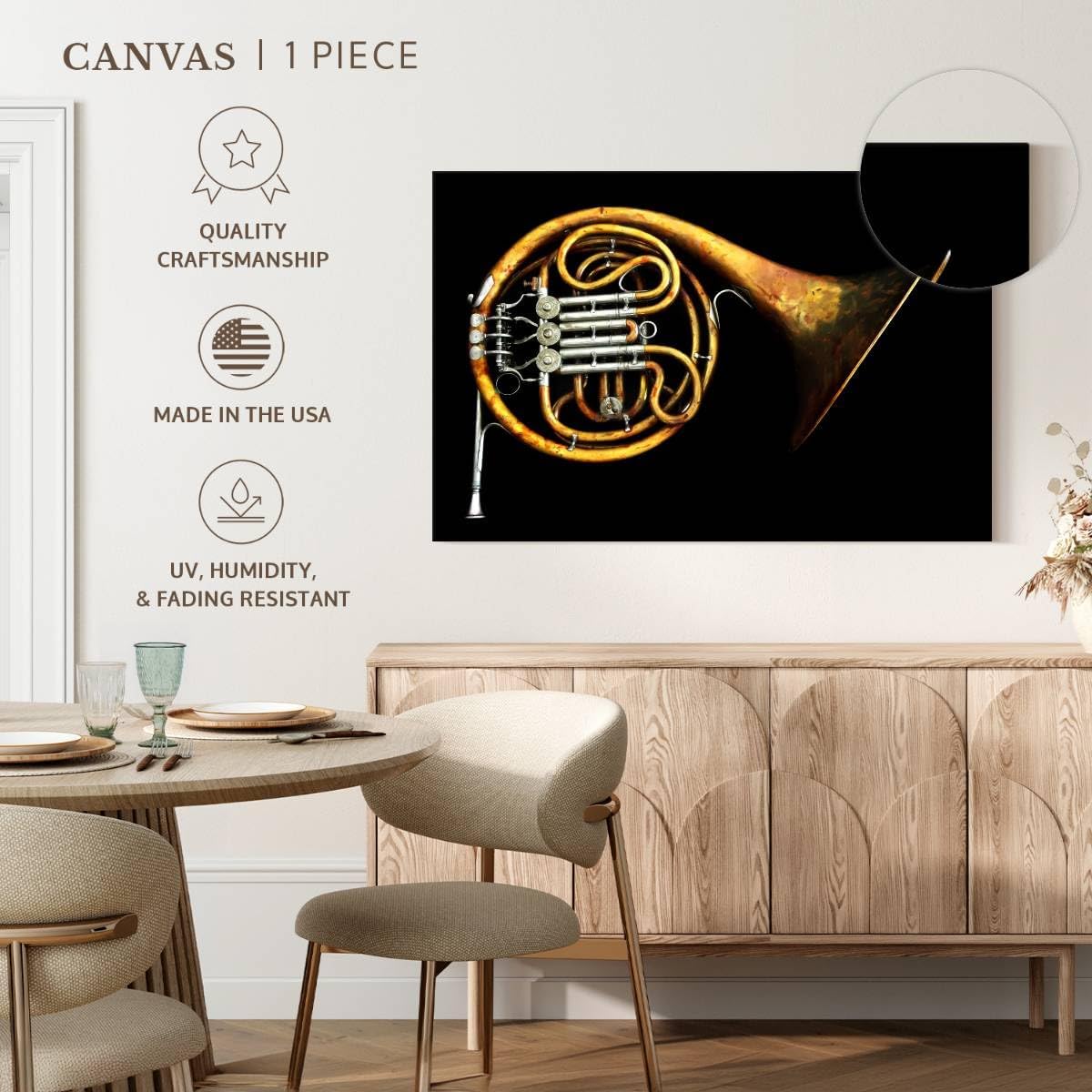 ElephantStock - Vintage French Horn Wall Art - Horizontal Canvas Wall Art - Living Room Wall Decor - Photography Music Canvas Art - Black And Gold Decor - 51