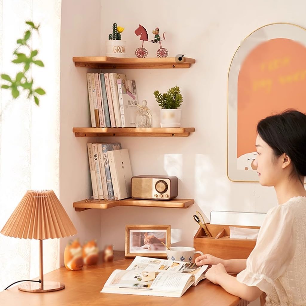 Wooden Corner Shelves on The Desktop,Corner Floating Shelves, L-Style Storage Display Shelves Wall Mount Bookcase Easy Assemble,for Living Room Bedroom Kitchen (Type B 3 Tier)
