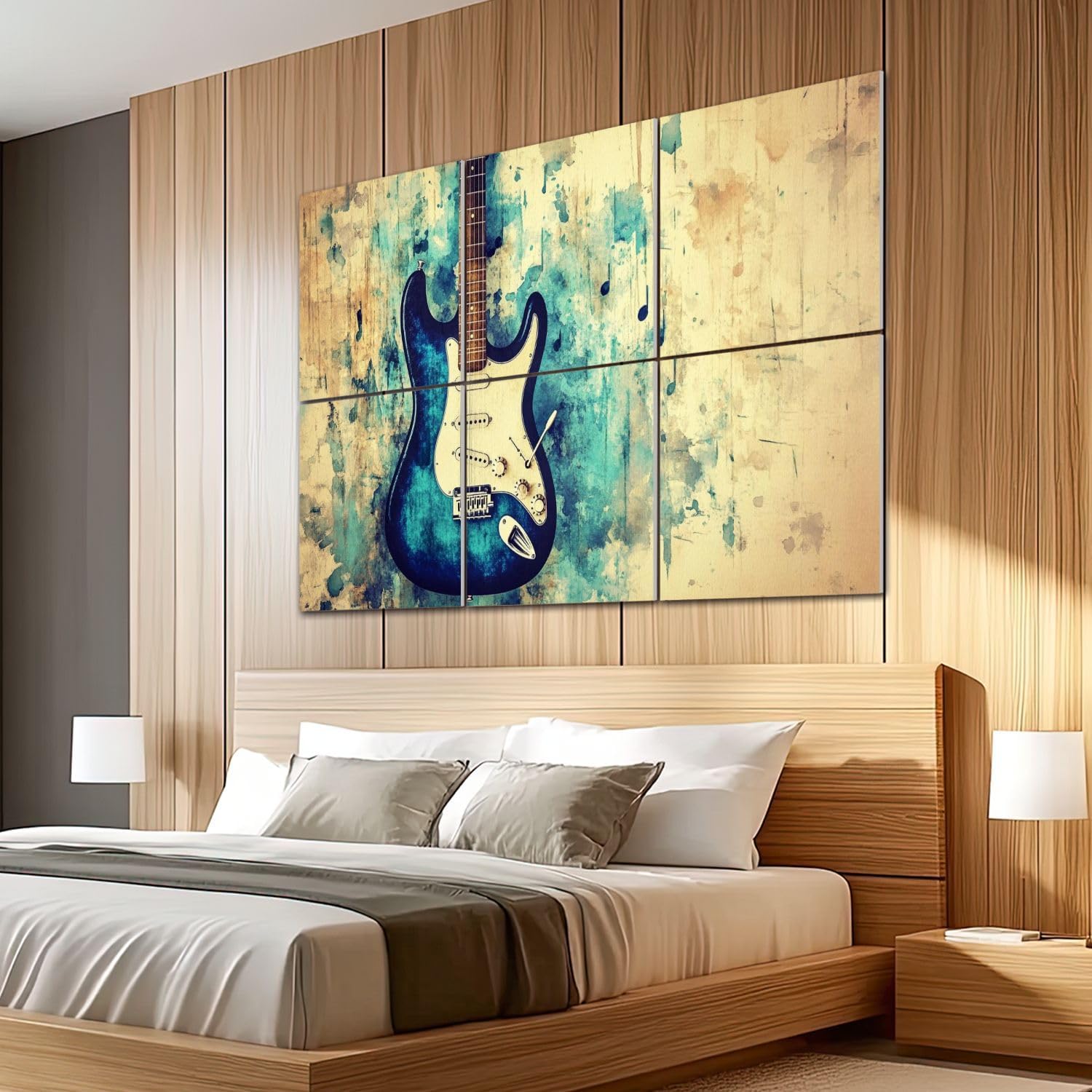 6 Pack Art Acoustic Panels Sound Absorbing Modern Blue Guitar Musical Themed Electric Hues Paint Splatter Notes Decorative Soundproof Wall Panels Self Adhesive for Recording Studios Office 72