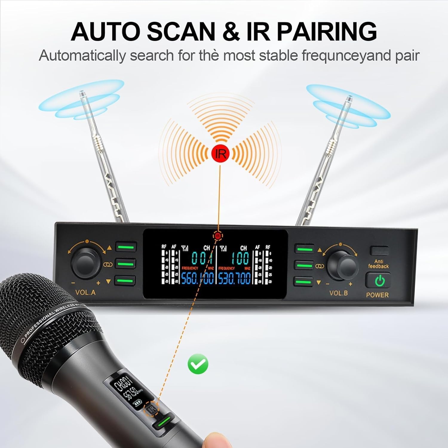 Wireless Microphone System, UHF Professional Karaoke Mic With Feedback Suppression, Auto Scan & Pair, Reverb - 262ft Range, 2x100 Dual Metal Dynamic Cordless Microphones for Church/Wedding/DJ/Meeting