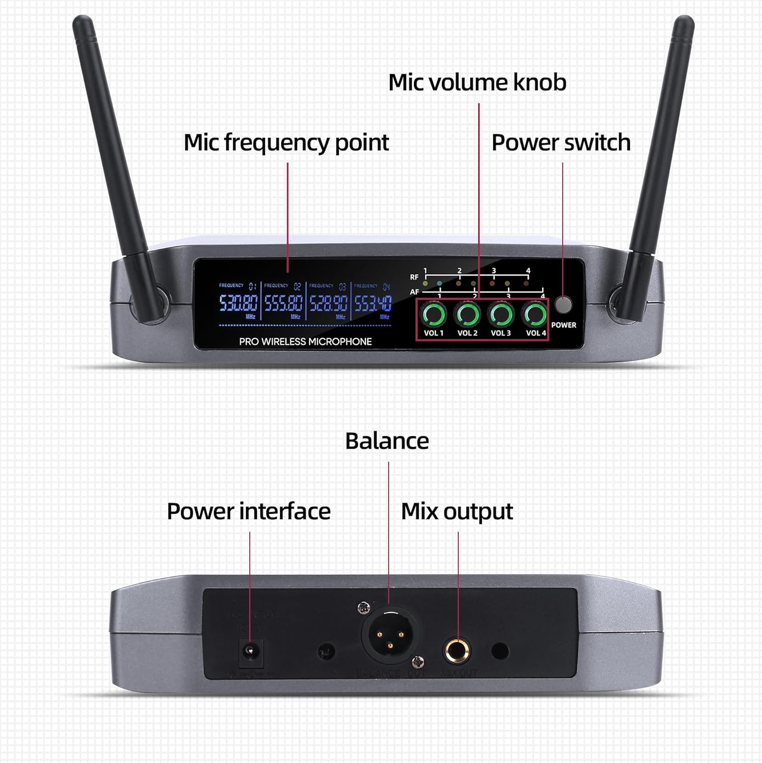 UR-408 4 Channel Professional Wireless Microphone System with 4 Lavalier 4 Headset Mics, Ideal for Home Party Singing Karaoke Meeting Church Event TV Speaker