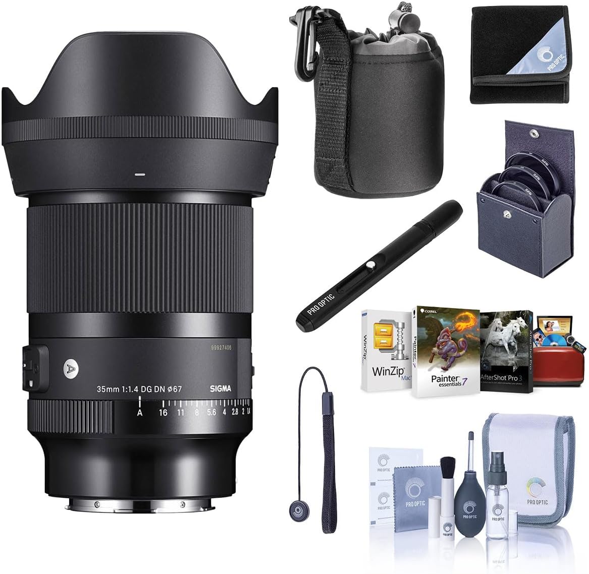 Sigma AF 35mm f/1.4 DG DN ART Lens for Sony E, Bundle with Corel Mac Software Suite, 67mm Filter Kit, Case, Wrap, Lens Cleaner, Cleaning Kit, Lens Cap Tether
