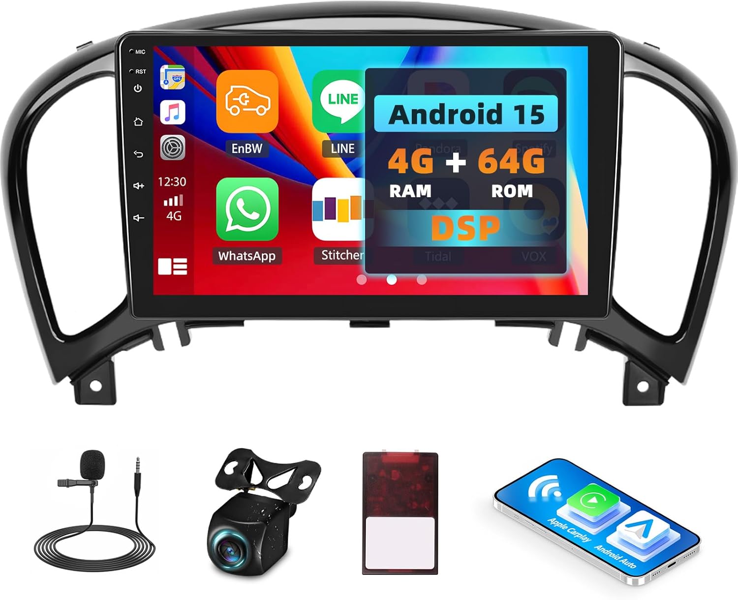 [4G+64G] Android 15 Car Stereo for Nissan Juke 2011-2016 with Wireless CarPlay Android Auto,9 inch Touchscreen Car Radio with Mirror Link Voice Control WiFi/GPS,Bluetooth,FM/RDS SWC+Backup Camera