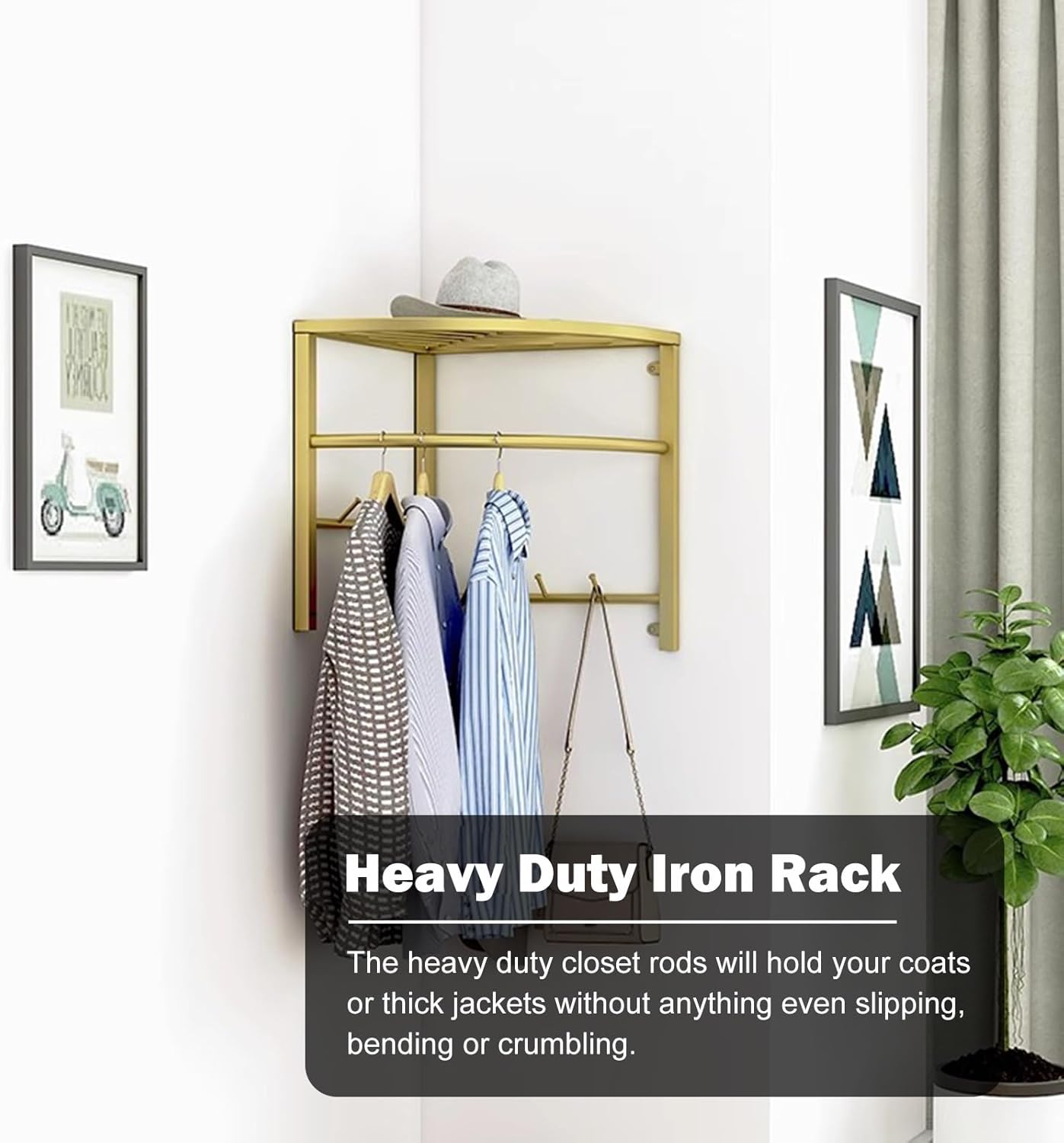 Gold Corner Hanging Clothes Rack with Storage, Laundry Room Wall Shelf Clothes Hanger, Heavy Duty Closet Rod Pole, Corner Coat Rack Hanging Bar