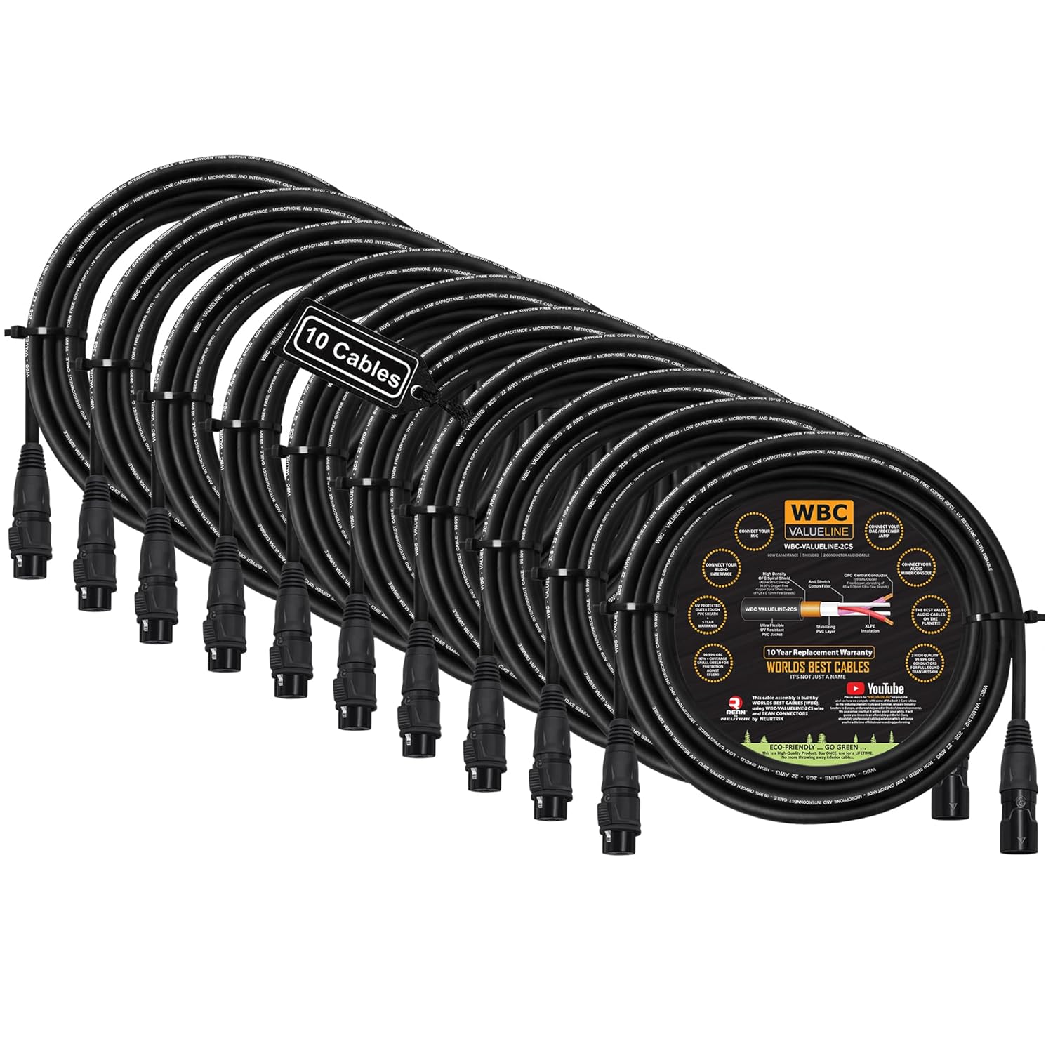 WBC-VALUELINE-2CS (22 AWG) - 10 Units - 10 Foot–Low-Capacitance Shielded Balanced Flexible Microphone, Active-Speaker & Interconnect Cables with Neutrik-Rean IP65 Rated Gold XLR Connectors